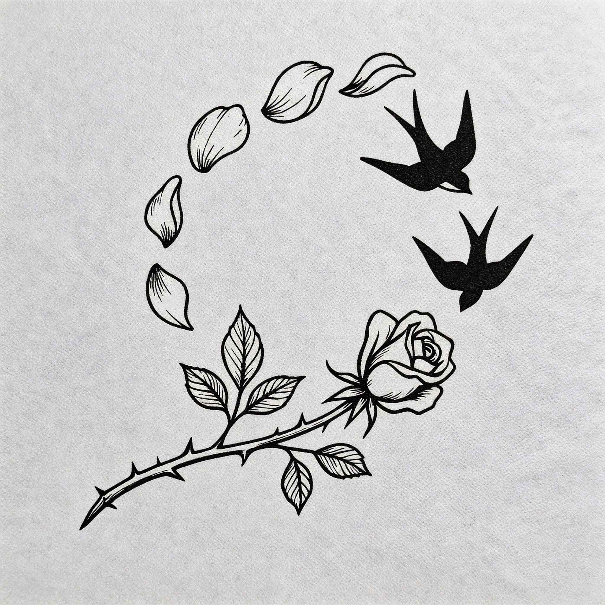 Rose petals and swallows line art temporary tattoo with floral transformation design