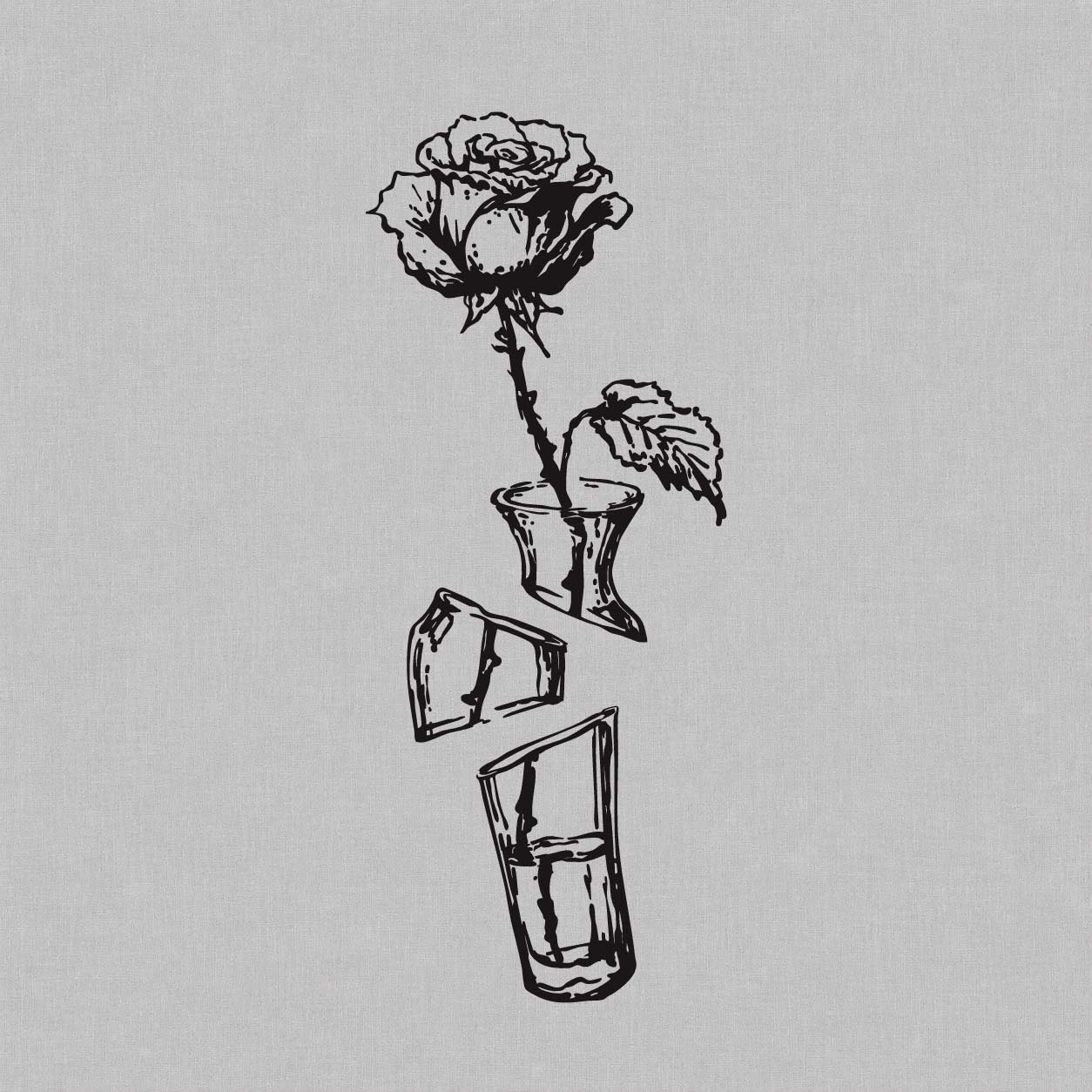 Temporary tattoo featuring a detailed rose growing from a broken vase divided into several floating pieces.
