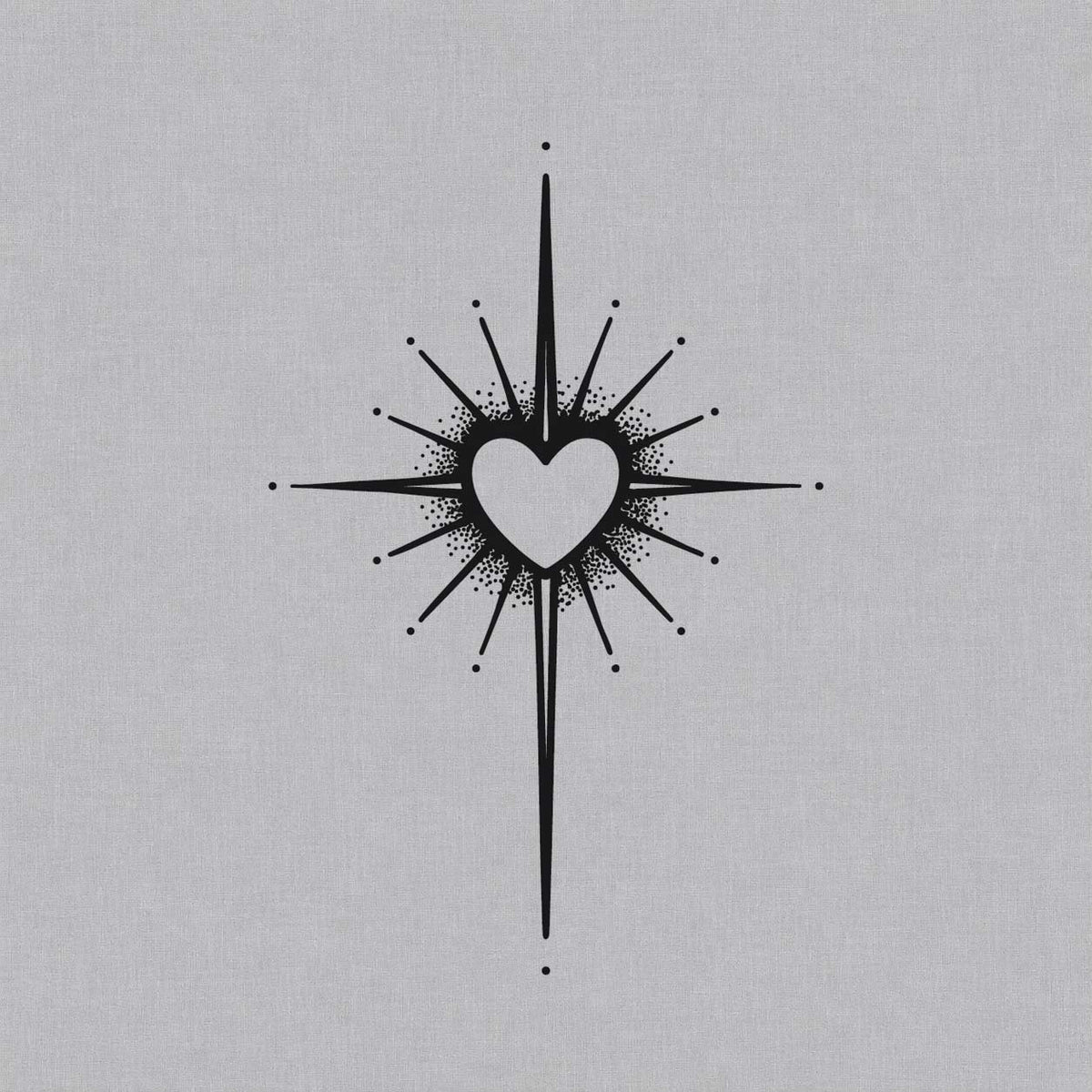 Sacred heart temporary tattoo featuring a heart symbol with radiant sunburst lines and decorative dot details.
