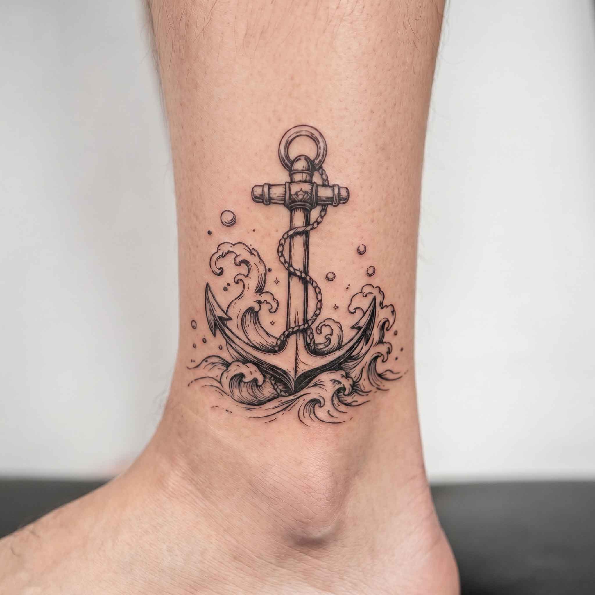 Semi-permanent tattoo of a detailed anchor and wave design applied on the ankle.