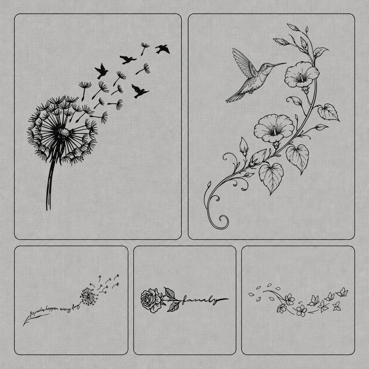 Temporary tattoos set featuring five botanical designs with dandelion, hummingbird, flowers, rose family script, and floral branch