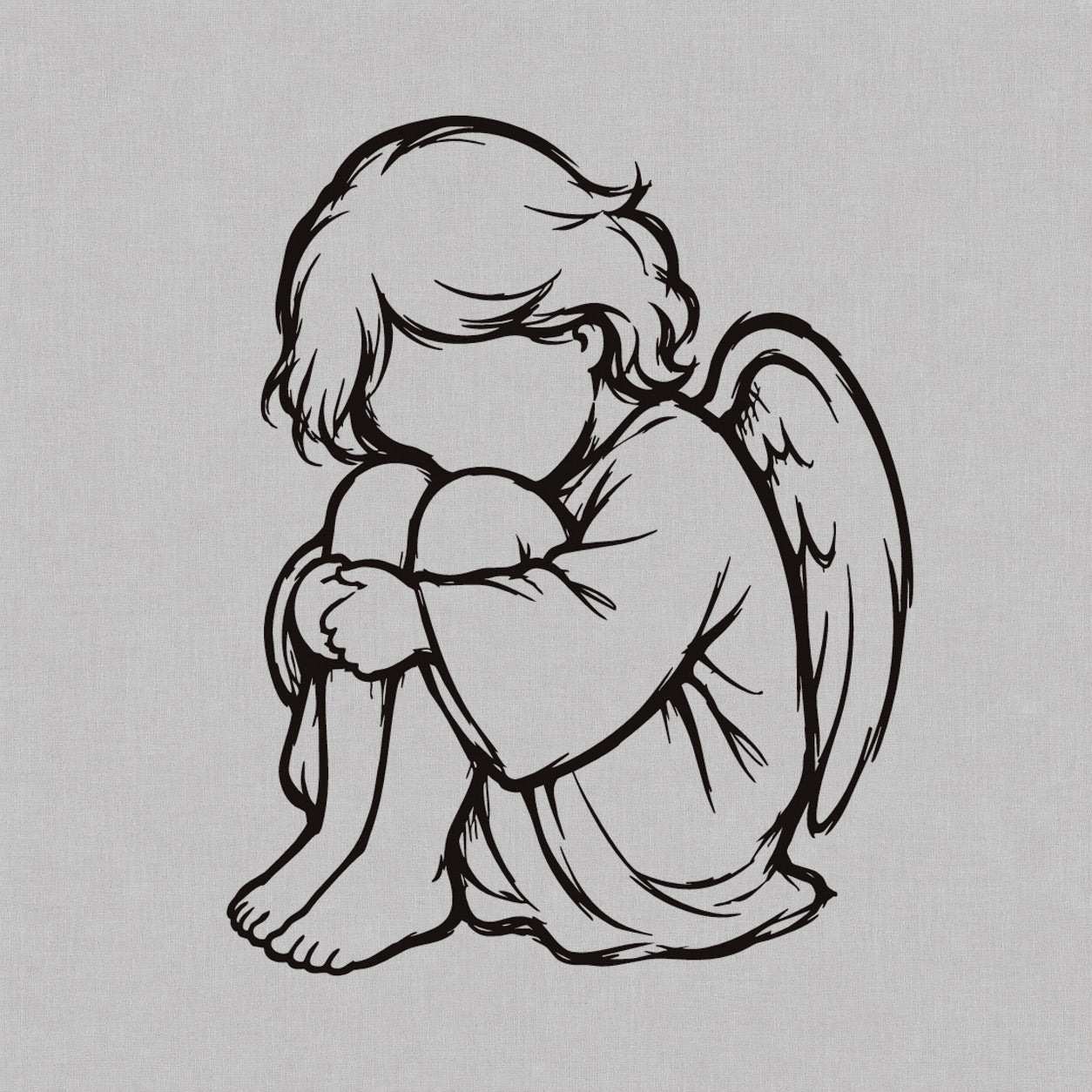 Temporary tattoo design featuring a seated cherub angel with folded wings and a quiet, thoughtful pose.