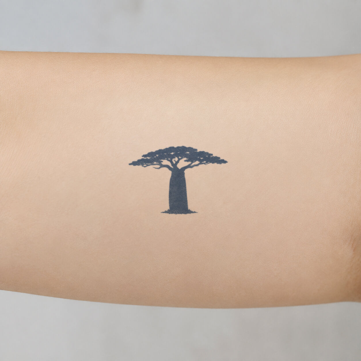 Small black baobab tree silhouette from long lasting temporary tattoos, placed on the inner forearm with a clean nature-inspired look.
