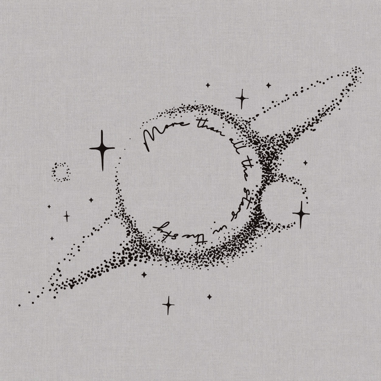 Fine line temporary tattoos design featuring a dotted Saturn planet, star accents, and handwritten romantic lettering.