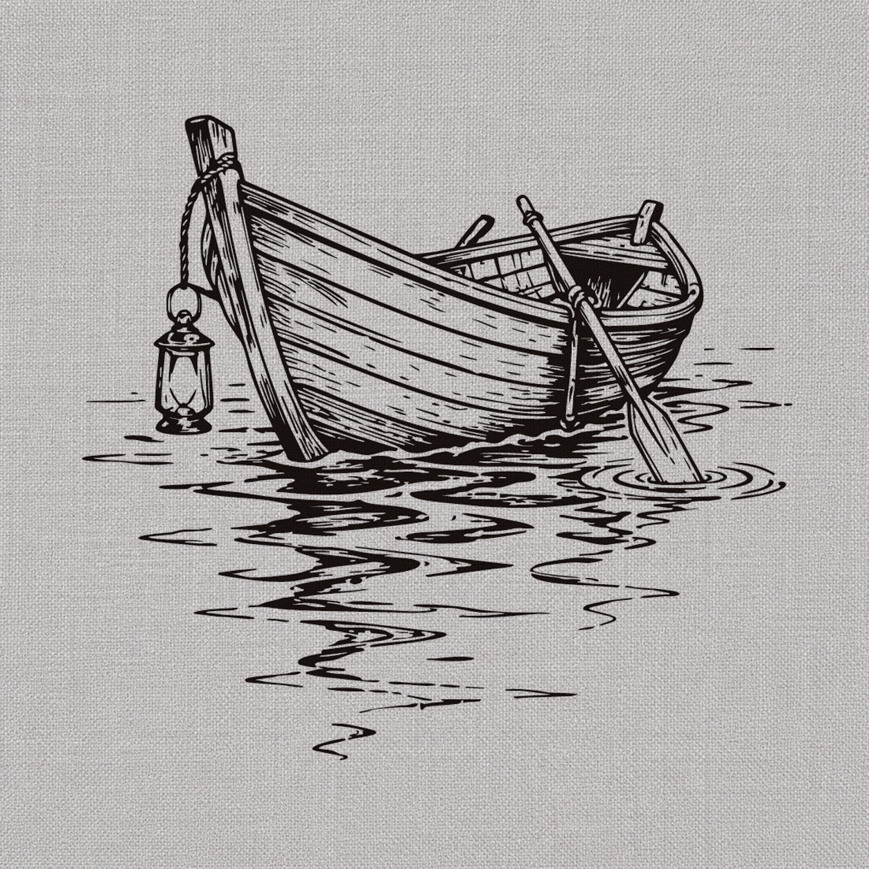 Fine line temporary tattoos design featuring a wooden boat on still water with an oar, hanging lantern, and soft reflections.