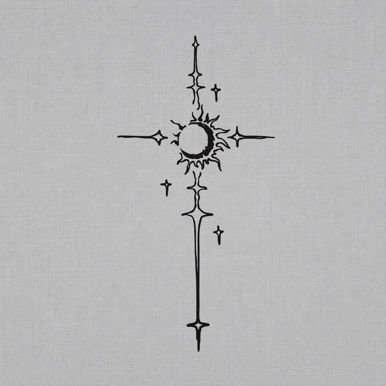 Temporary tattoo ideas design featuring a tall cross with a central sun-and-moon motif and small cross accents surrounding it.
