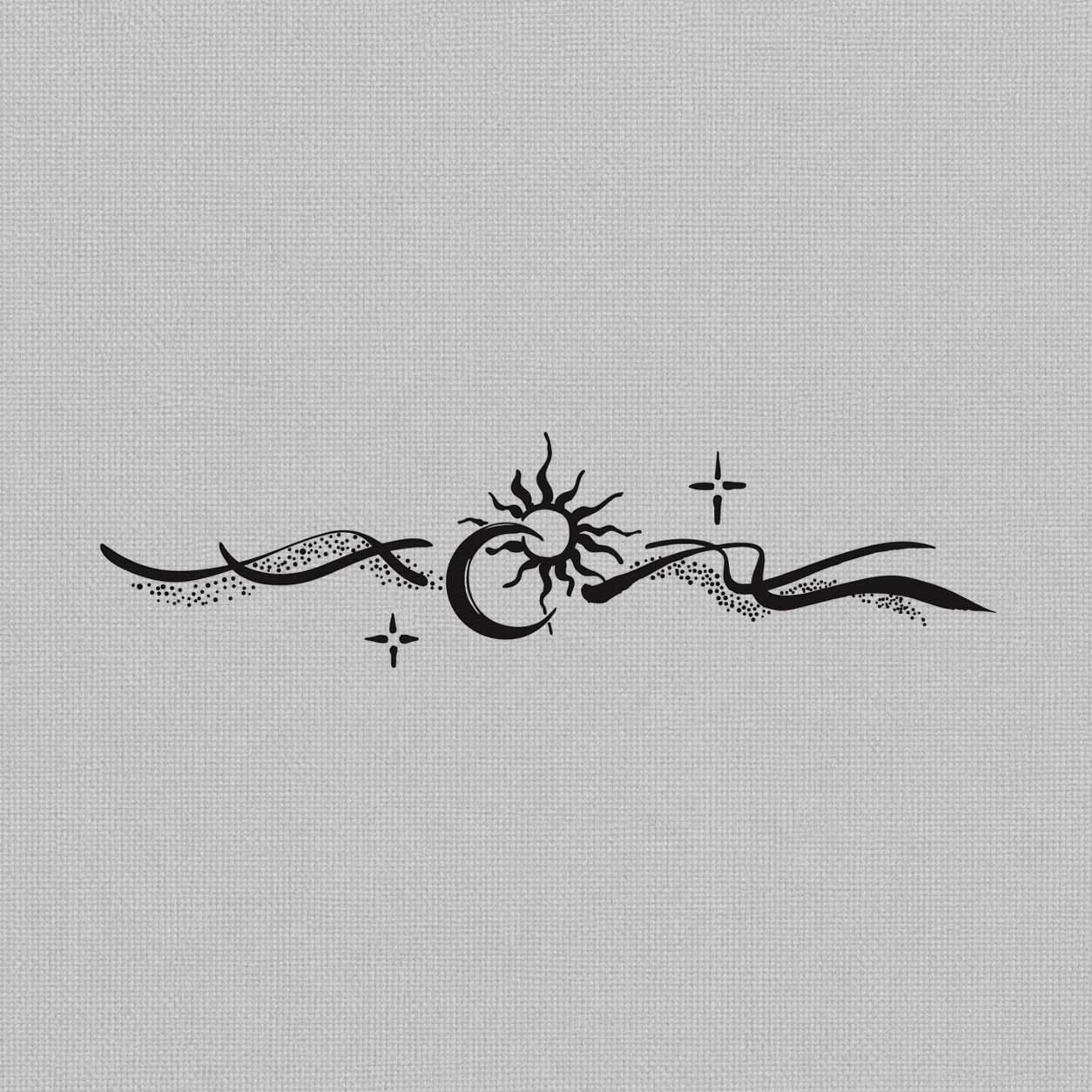 Temporary tattoo ideas design featuring a central sun and crescent moon connected by abstract wavy lines and dotted details.
