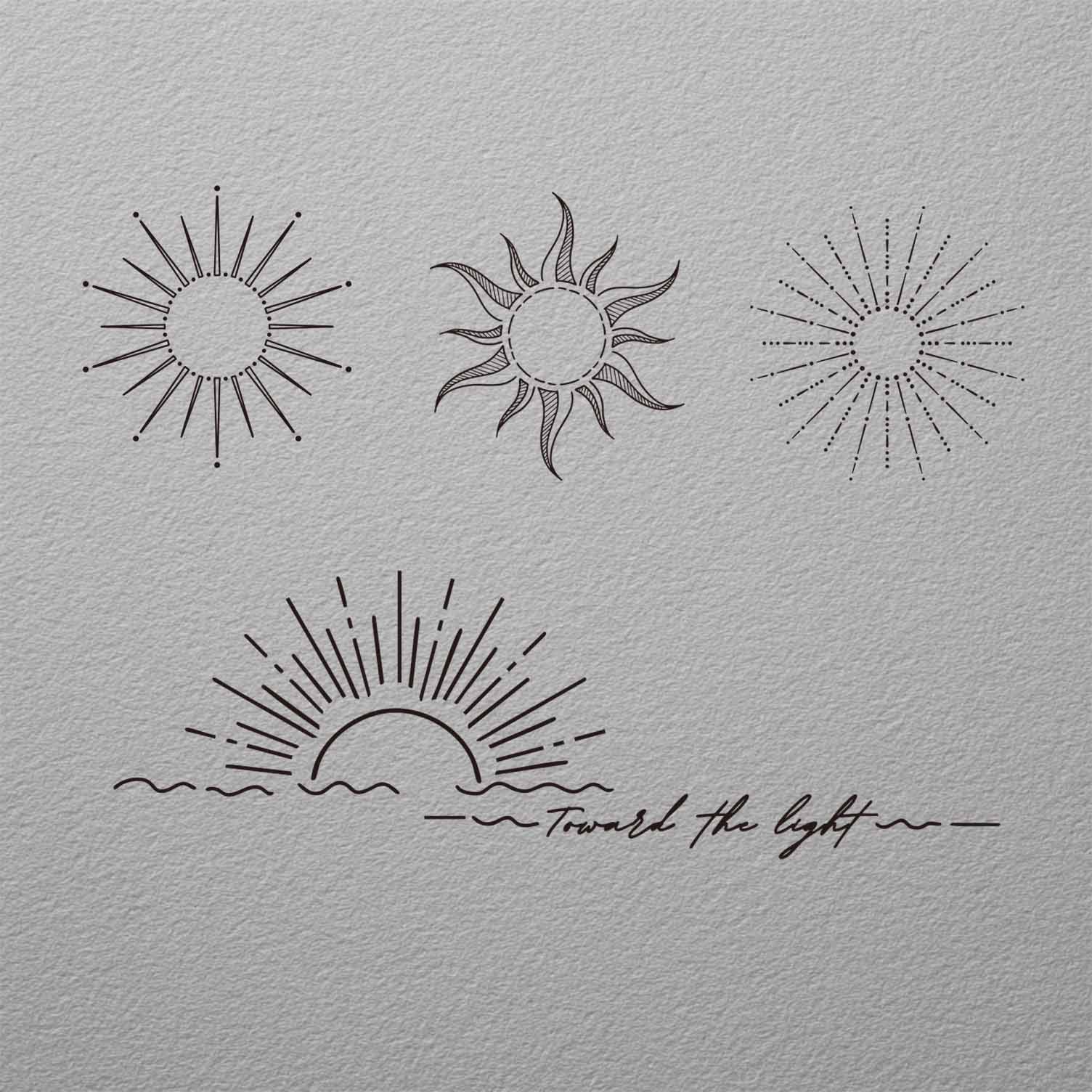 4 Pcs Minimalist sun rays and sunrise temporary tattoo set with fine line celestial designs
