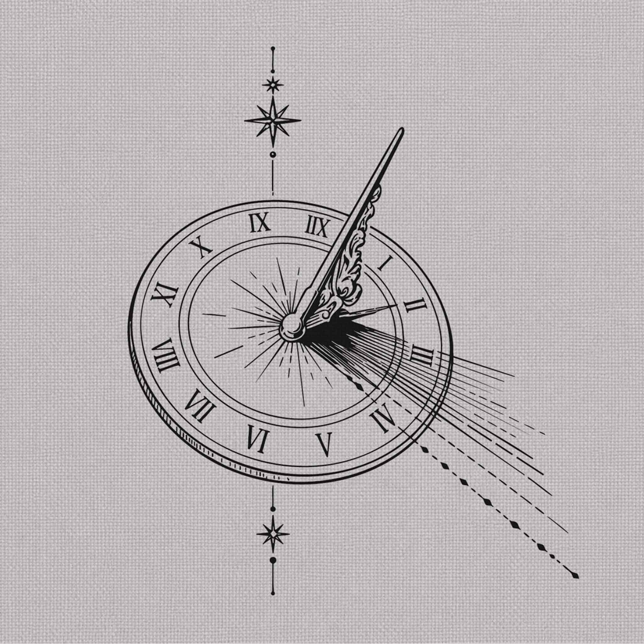 Sundial semi-permanent tattoo featuring Roman numerals, celestial stars, and vintage timekeeping details.