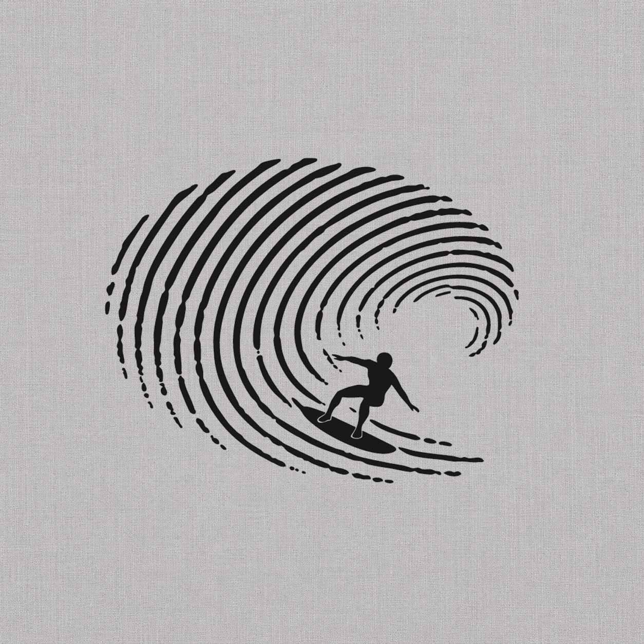 Surfer temporary tattoo featuring a rider balancing inside a large curling ocean wave in bold black linework.
