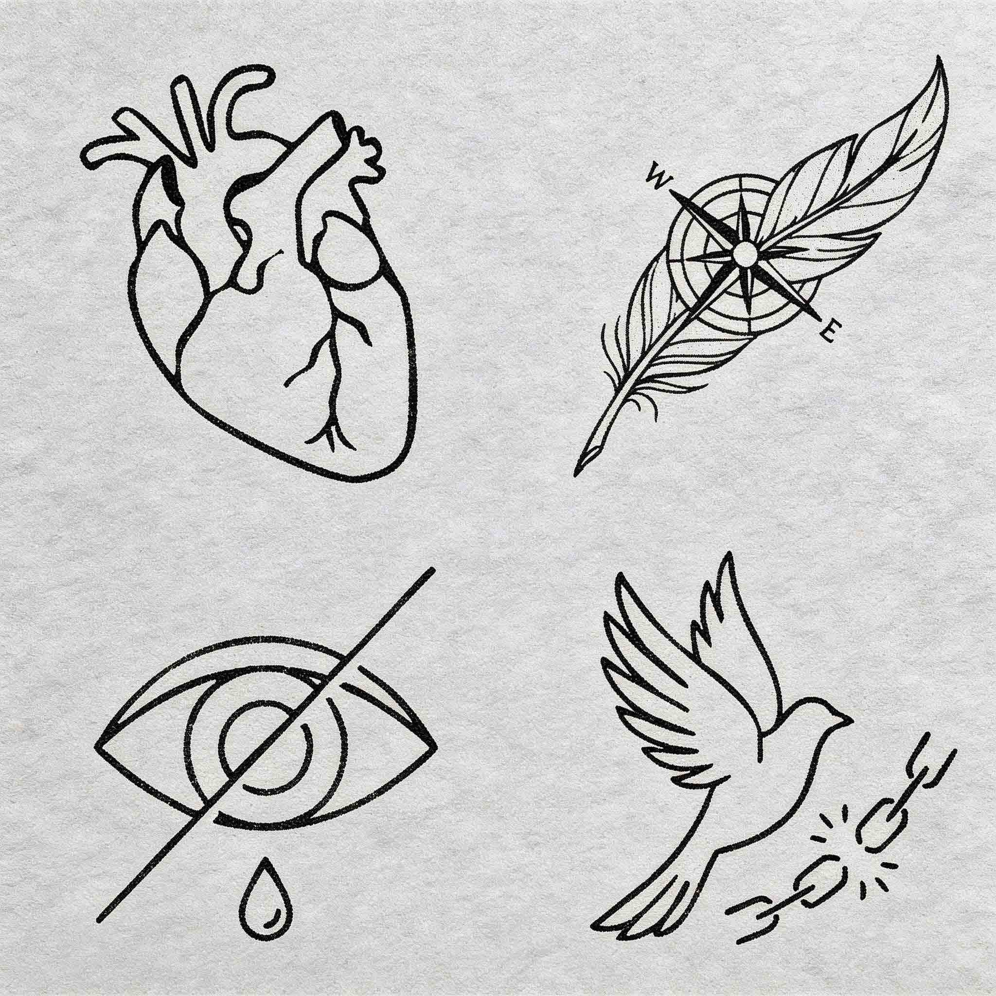 Minimal symbolic temporary tattoos with heart, compass, eye, and bird line art