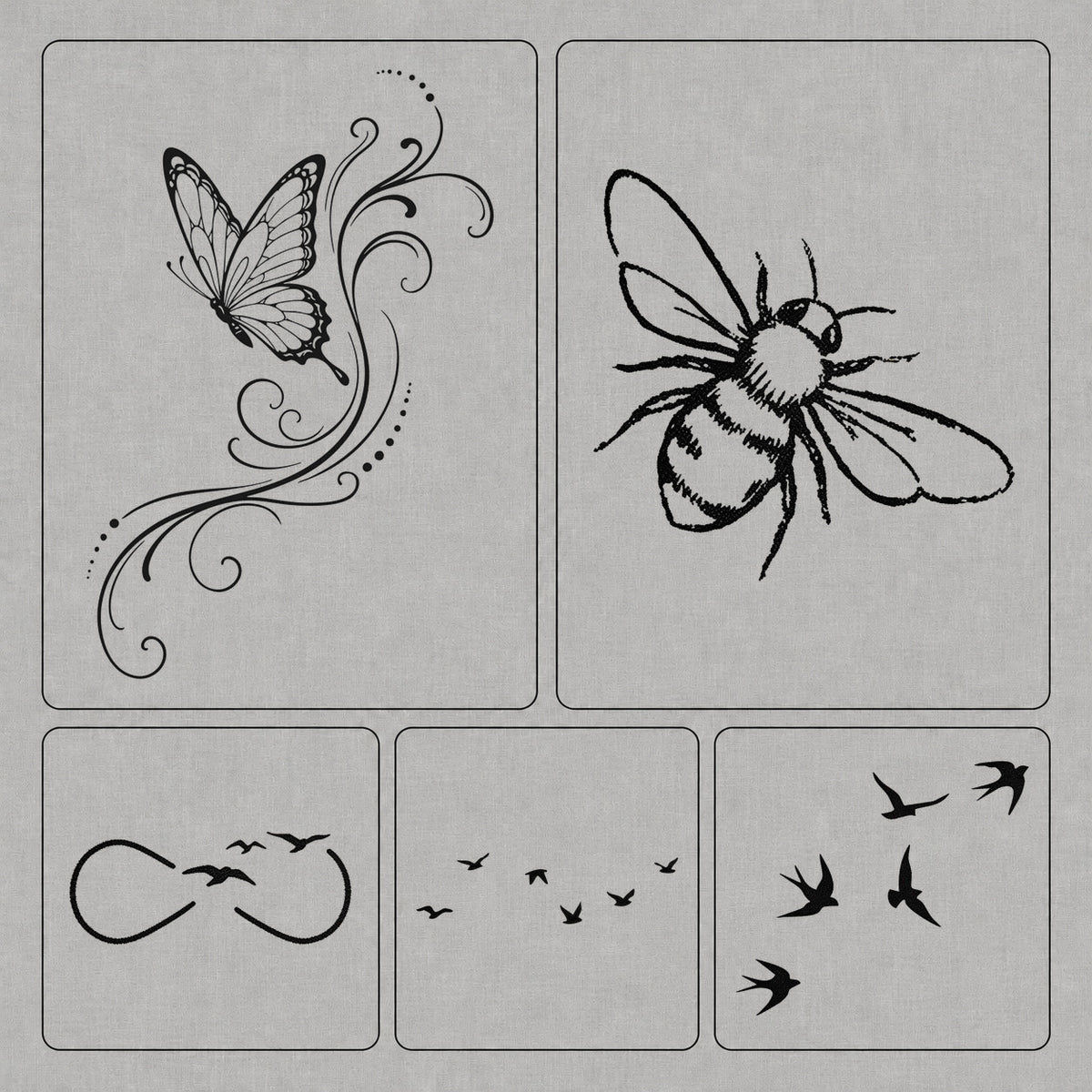 Butterfly temporary tattoos set featuring a butterfly, bee, infinity birds, flying bird flock, and swallow designs