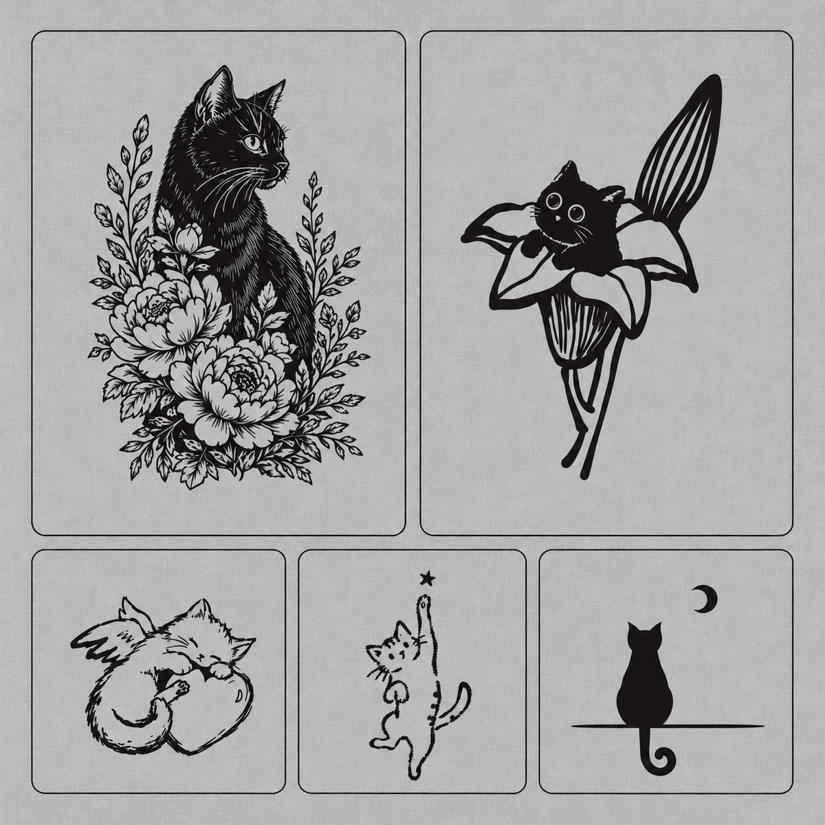 Minimalist temporary tattoos featuring five cat designs with flowers, a playful kitten, sleeping cat, star, and crescent moon