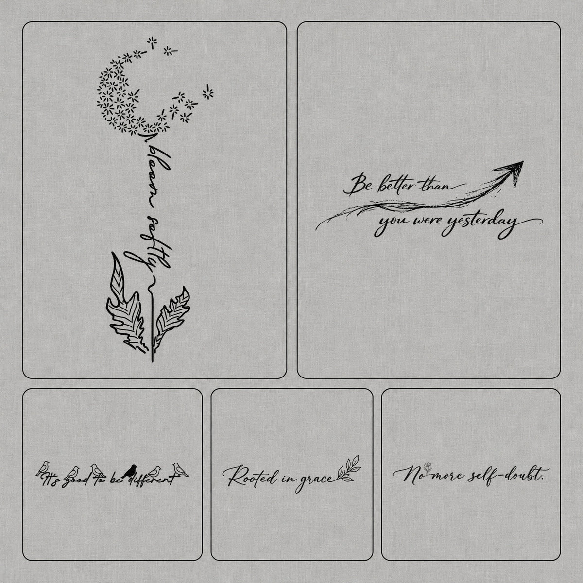 Temporary flower tattoos set with five inspirational quote designs, floral accents, and delicate bird details
