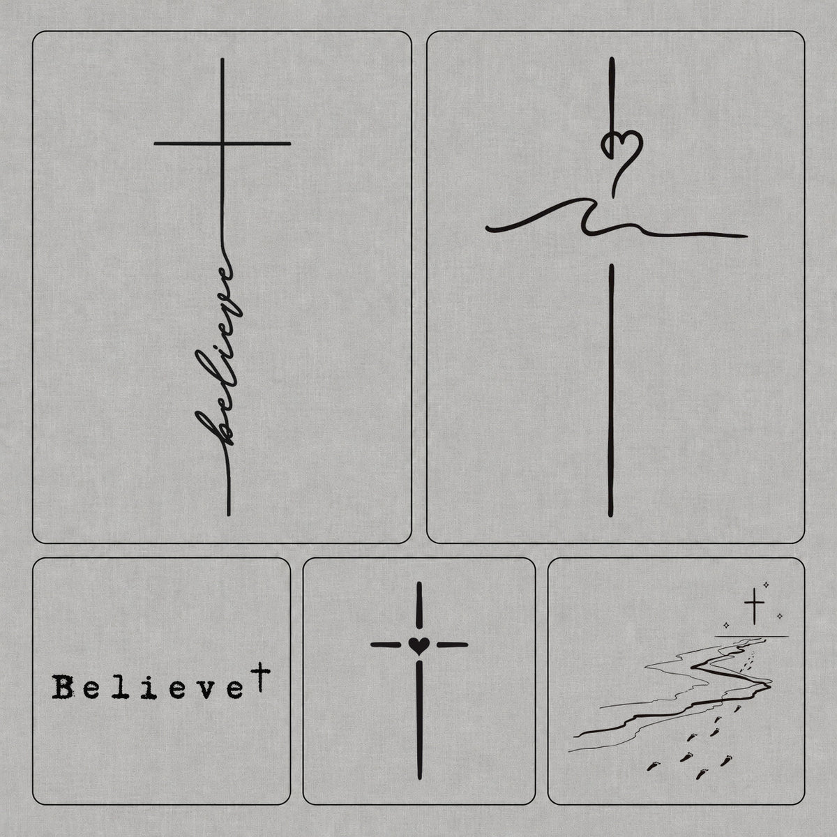 Semi permanent tattoo cross set featuring Believe lettering, heart details, and a footprint path toward the cross