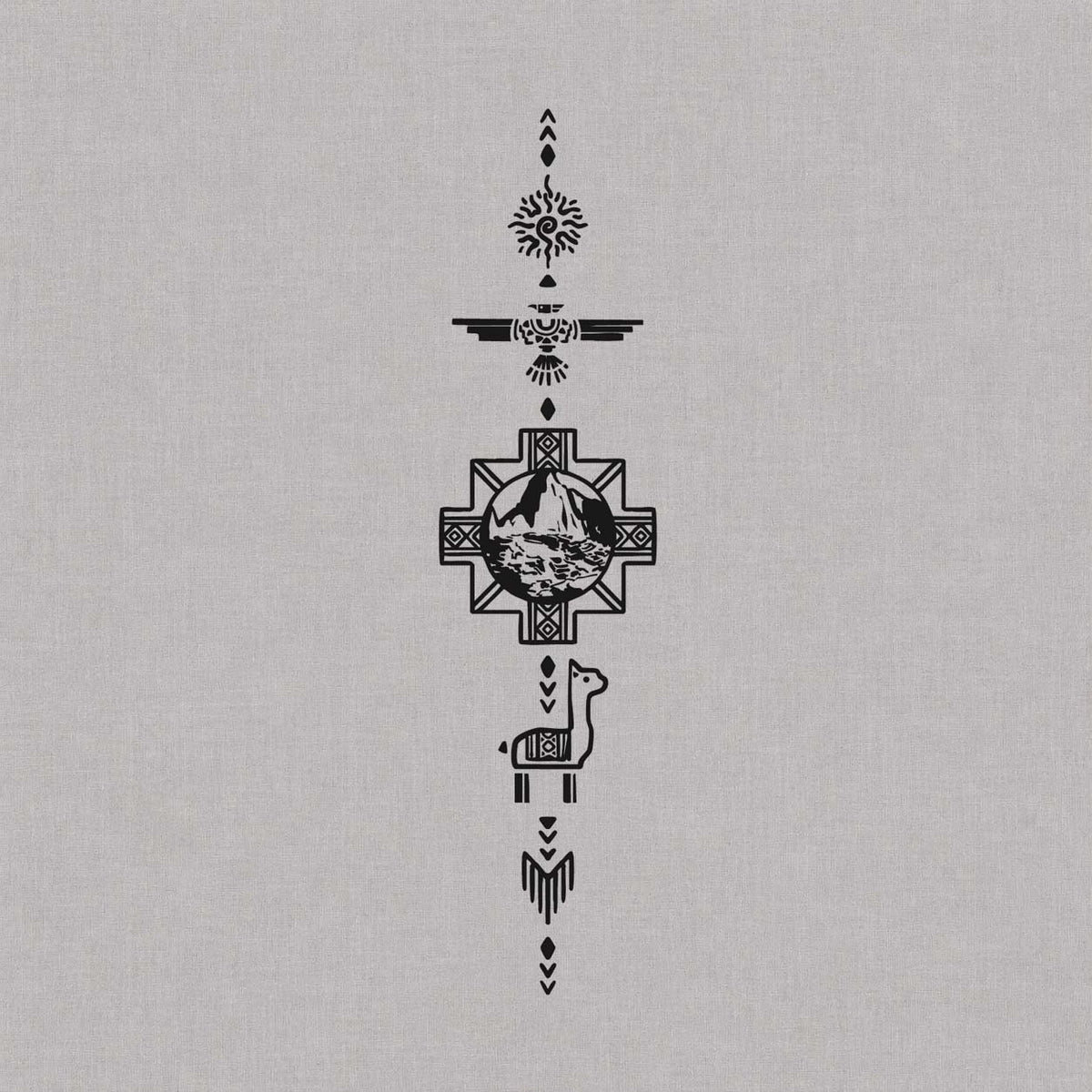 Minimalist temporary tattoos featuring a pendant-style design with a mountain medallion, winged symbol, sun, and llama
