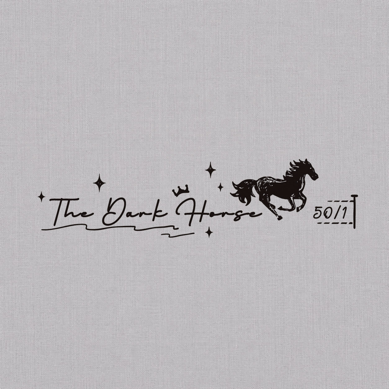 Temporary tattoo design featuring The Dark Horse script, a running horse silhouette, star accents, and 50/1 detail.
