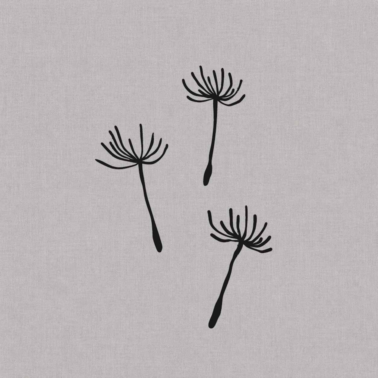 Dandelion seed semi-permanent tattoo featuring three delicate seeds floating freely in minimalist black linework.
