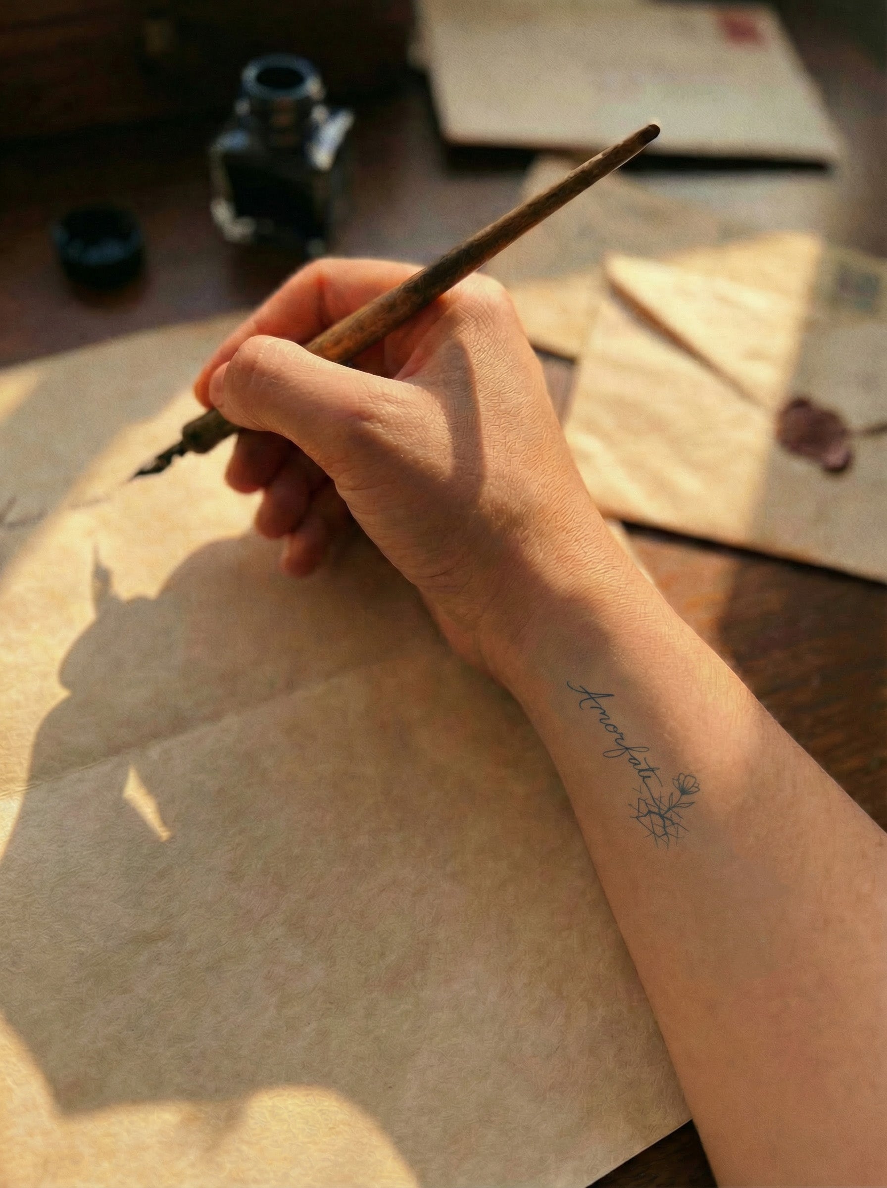 Fine line temporary tattoo of Amor Fati with flower on arm