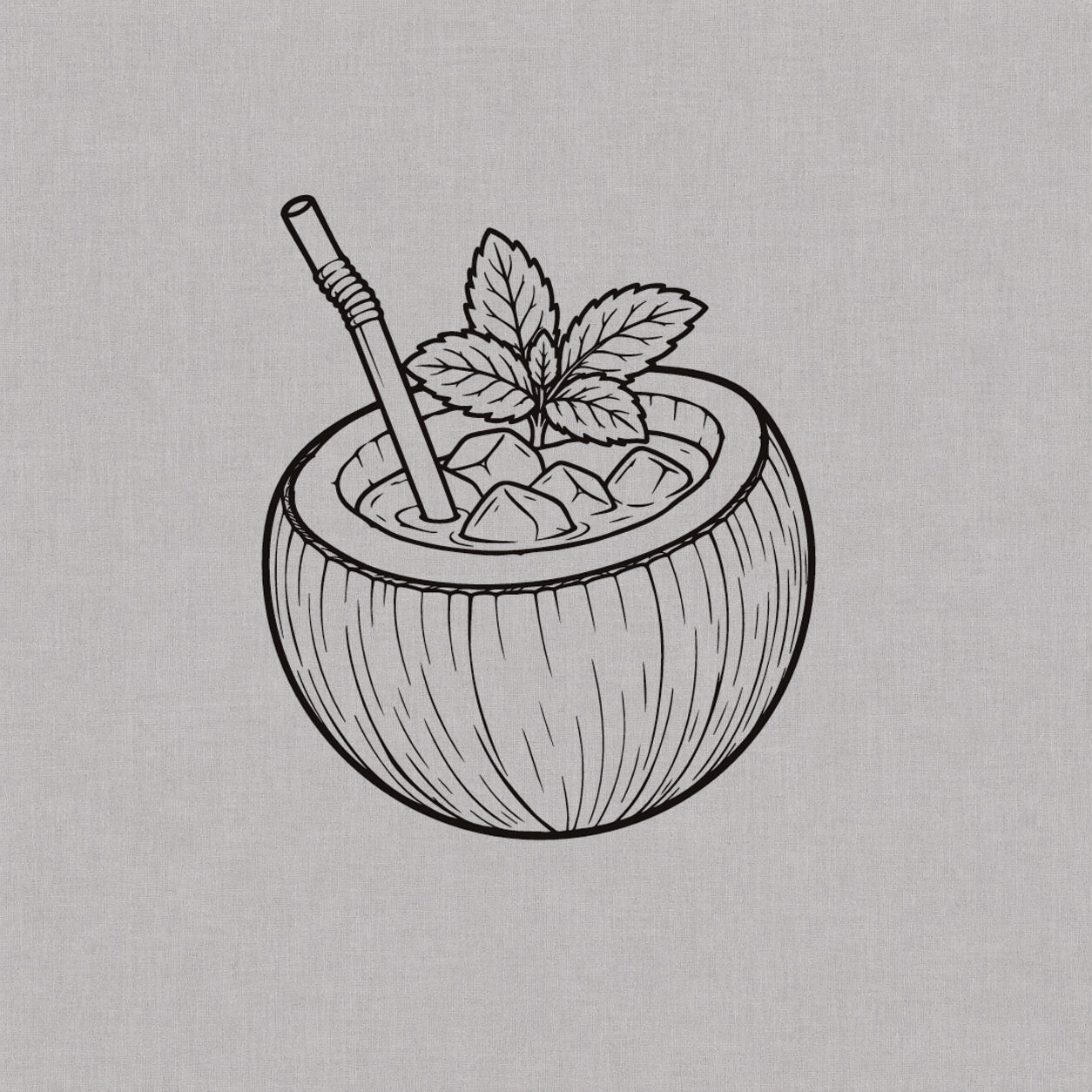 Temporary tattoo design featuring a coconut drink with ice, straw, and fresh mint leaves in a tropical style.