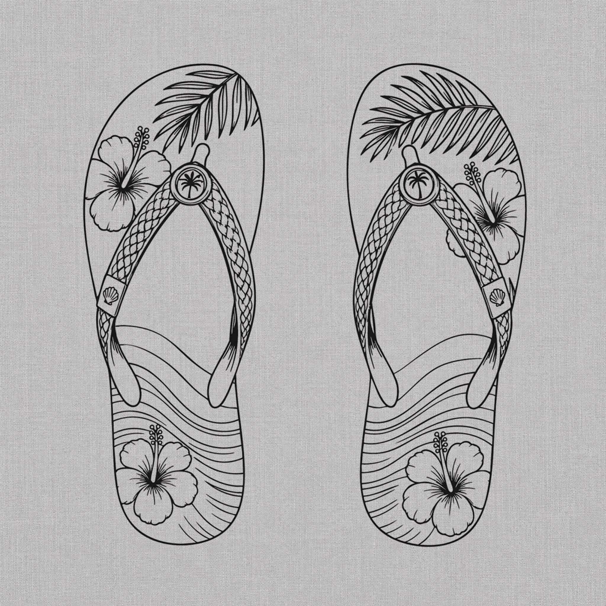 Black line temporary tattoo sheet featuring tropical flip-flops with hibiscus flowers, palm leaves, and ocean wave details.