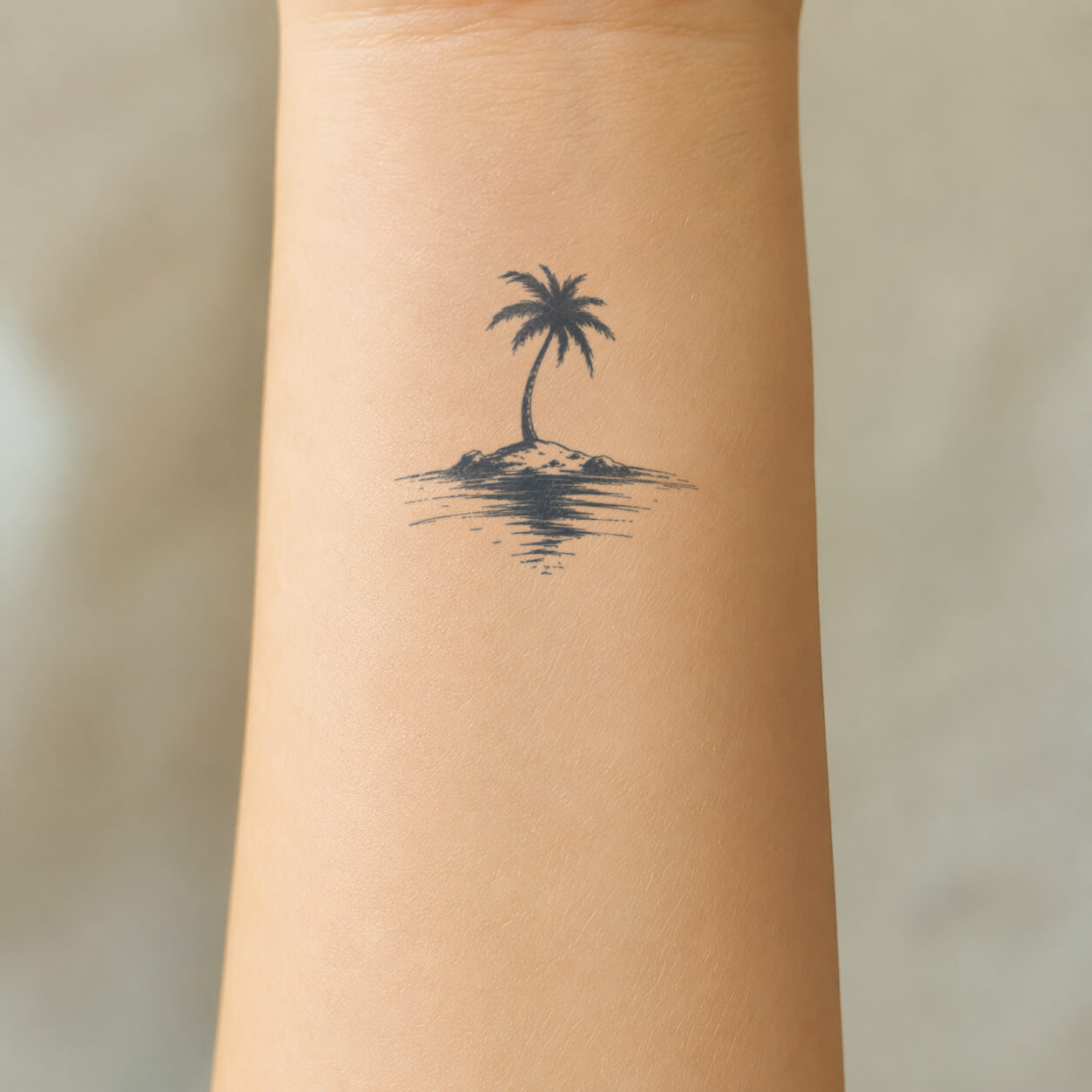 Tropical palm island design from temporary ink tattoos, shown on the inner forearm with a calm water reflection and fine sketch-style details.