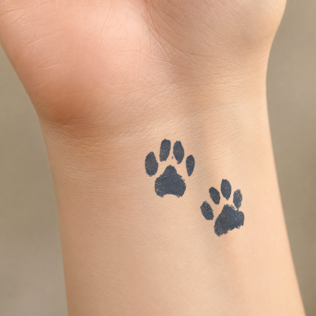 A pair of small black paw prints shown as temporary ink tattoos on the inner wrist, creating a simple design for pet lovers.