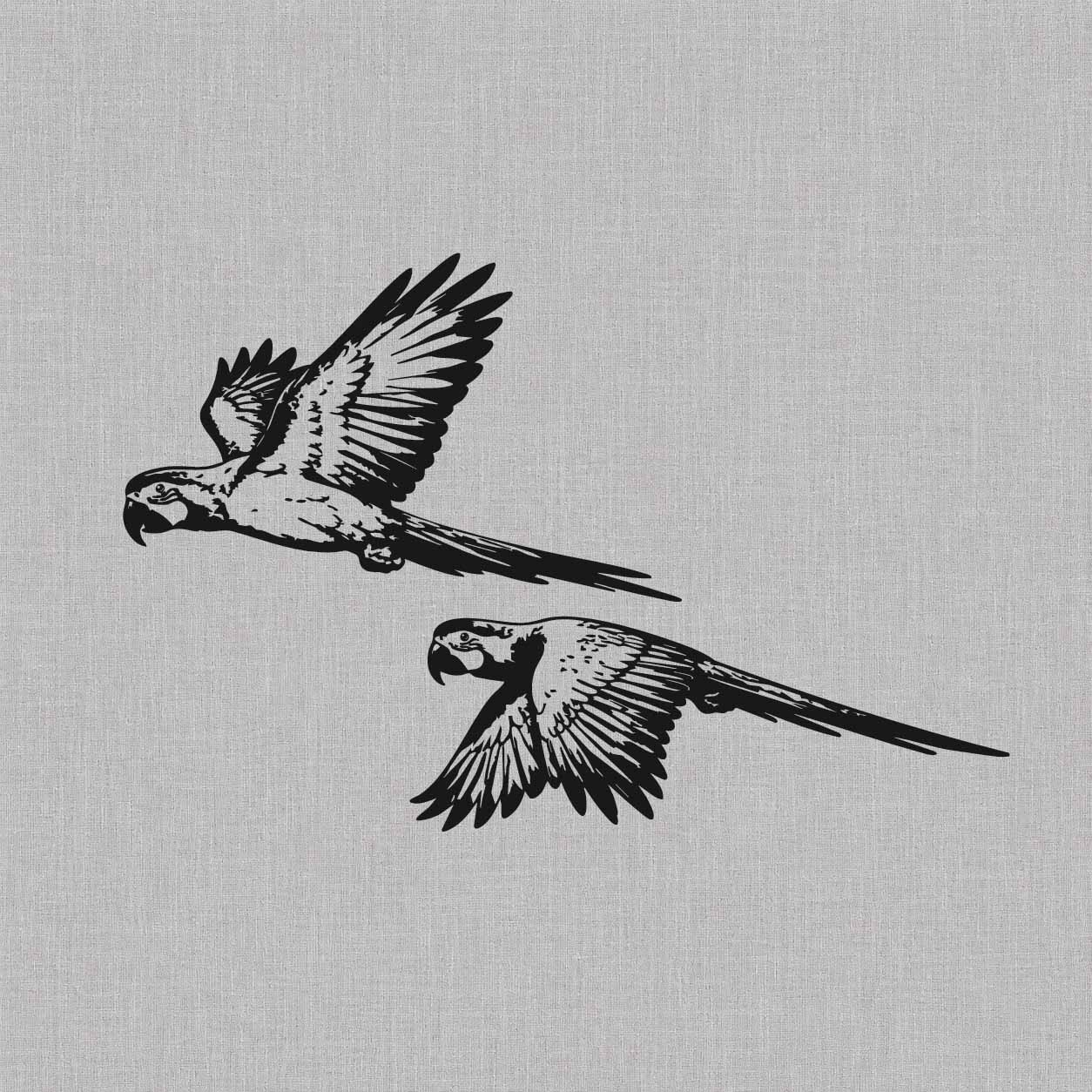 Flying macaw temporary tattoo featuring two parrots with open wings, long tails, and detailed black feather linework.

