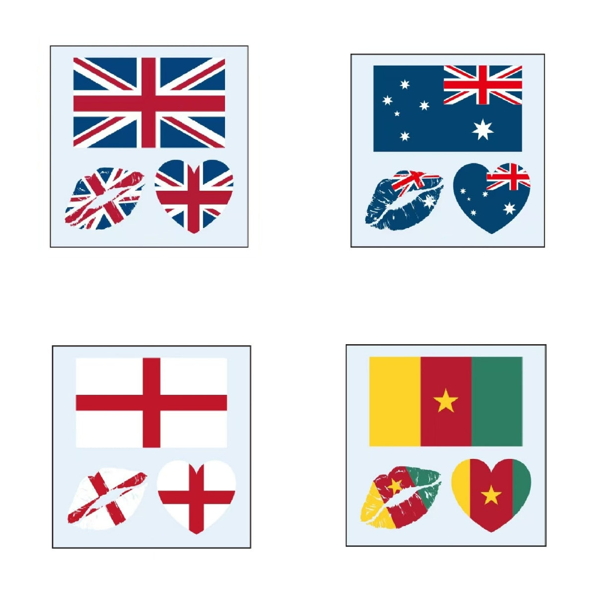 United Kingdom Australia England Cameroon flag temporary tattoo set with heart and lips designs