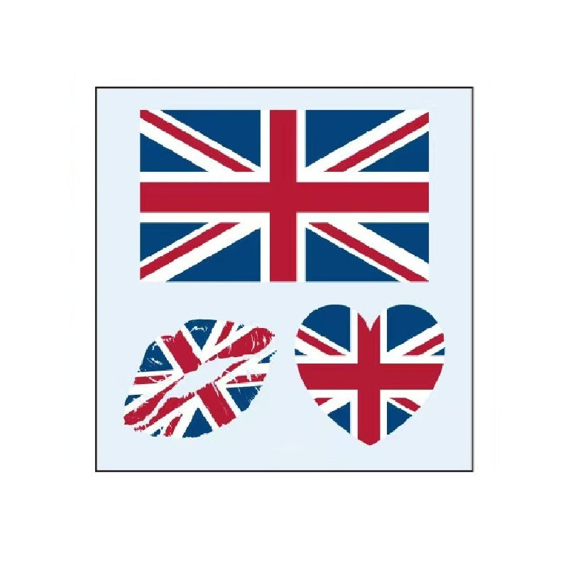 United Kingdom flag temporary tattoo set with heart and lips designs