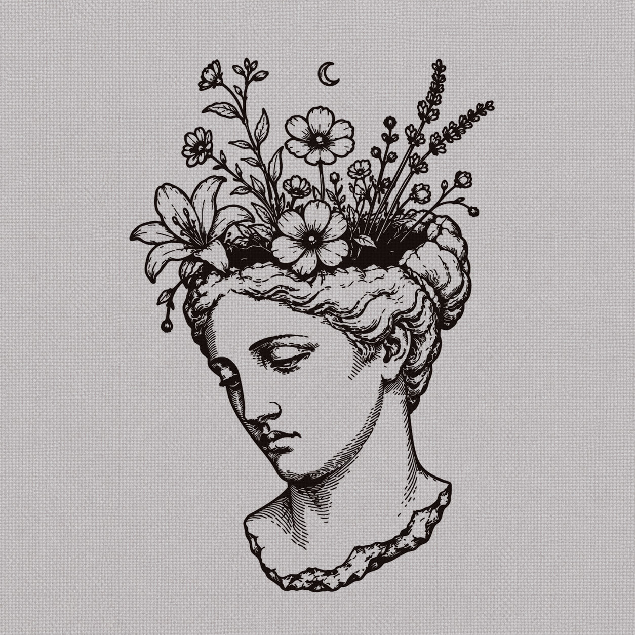 Floral temporary tattoos design featuring a vintage broken sculpture head with flowers blooming from the top.