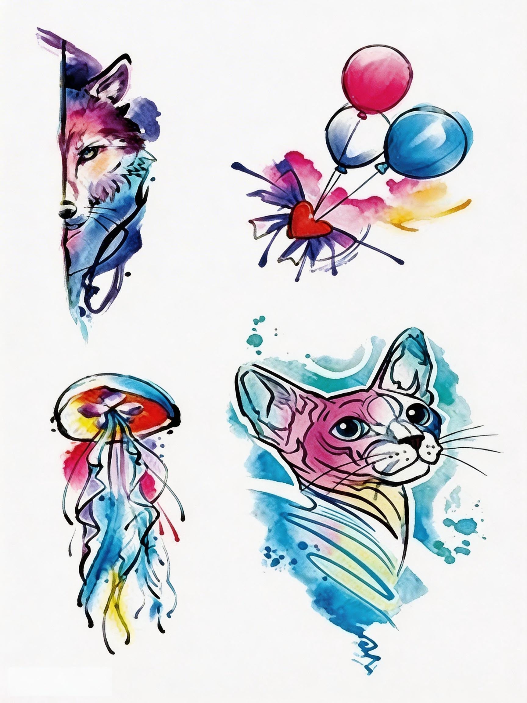 Watercolor temporary tattoo sheet with fox, heart balloons, jellyfish, and sphynx cat designs