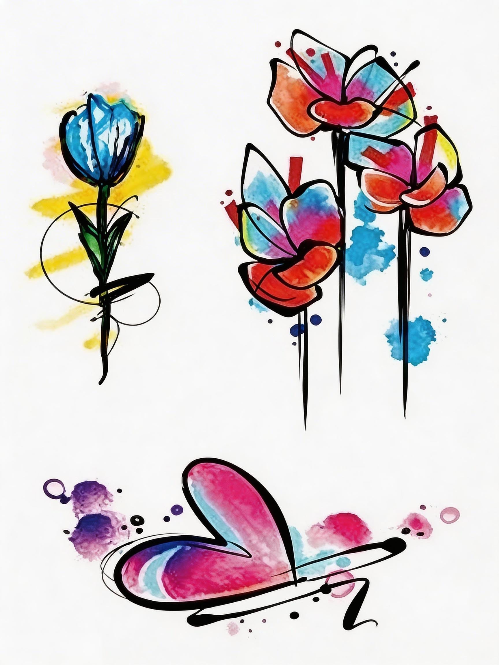 Watercolor Floral Tattoo Template Set