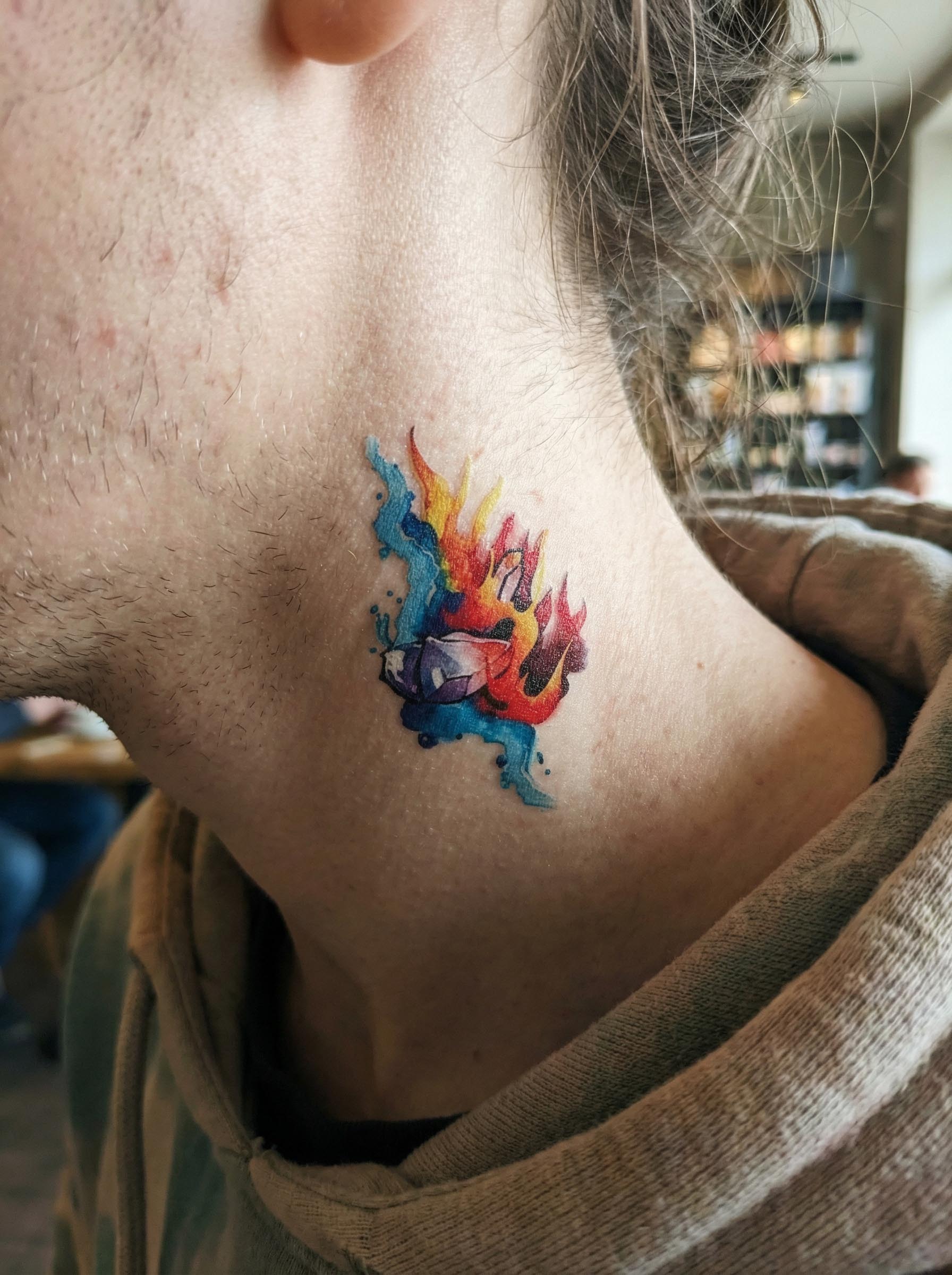  Watercolor Flame Crystal Neck Fake Tattoo Real Shot