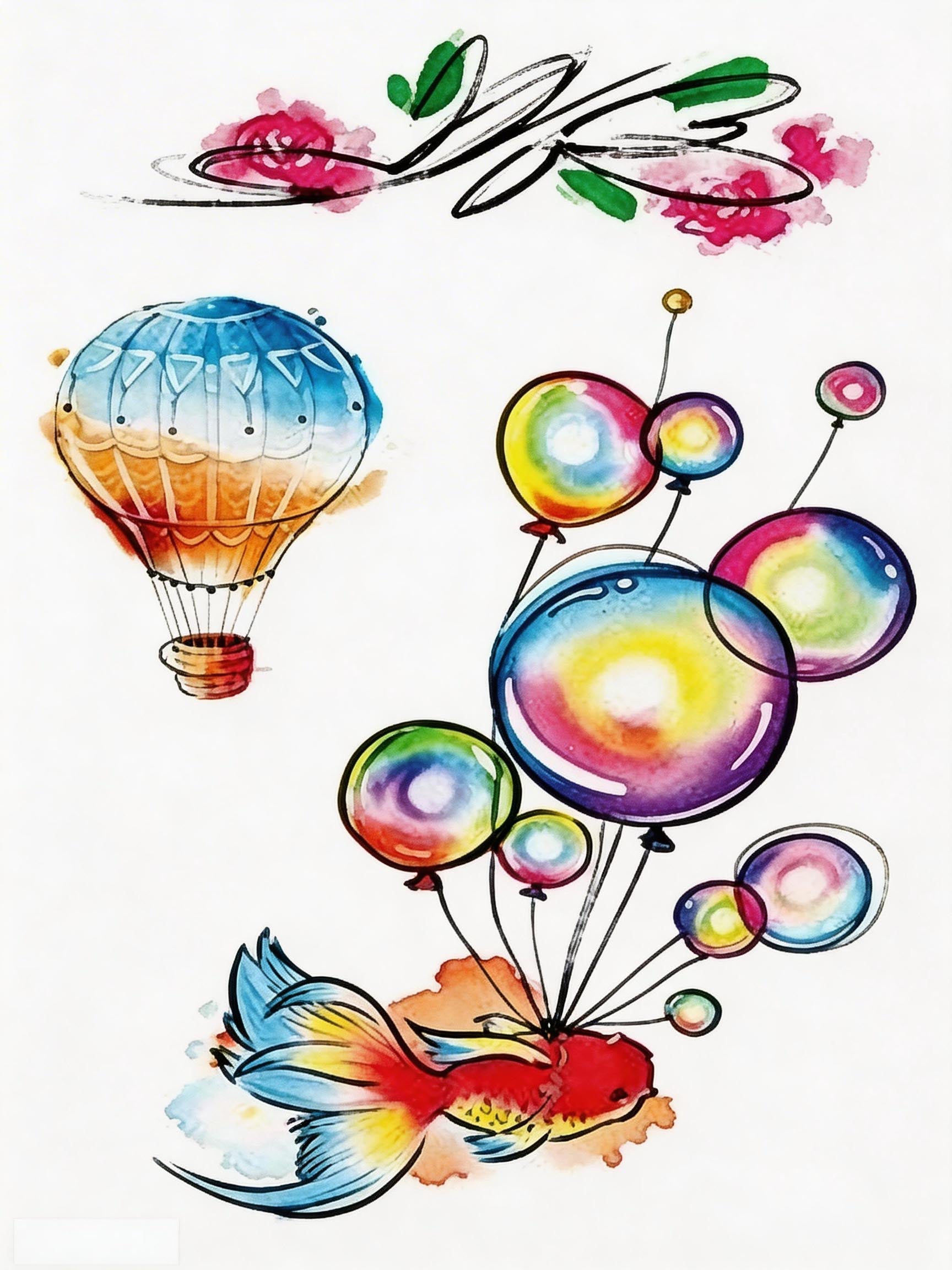 Colorful temporary tattoo sheet with rainbow balloons, watercolor goldfish, floral swirls, and hot air balloon art
