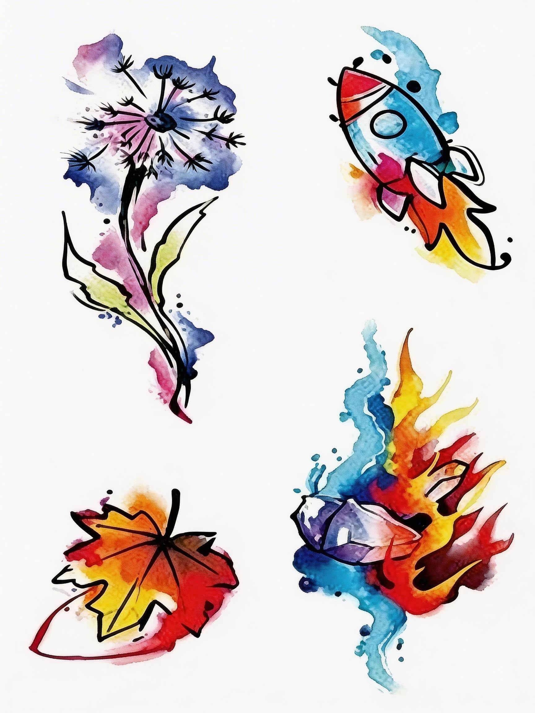 Watercolor temporary tattoo sheet with dandelion flower, cartoon rocket, maple leaf, and flaming crystal designs