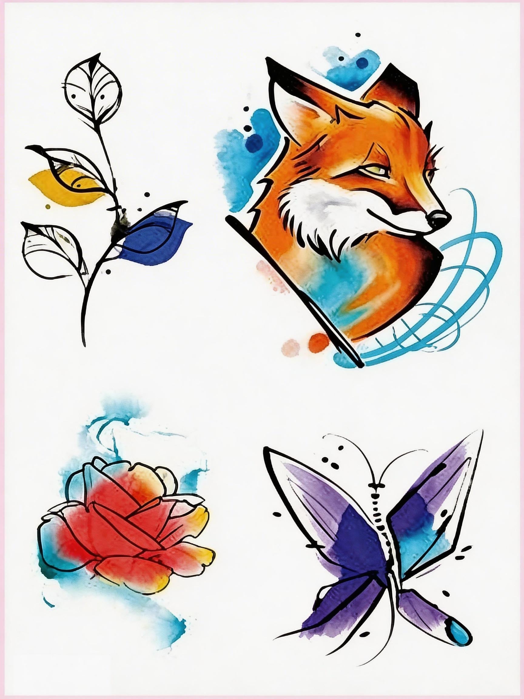 Watercolor temporary tattoo sheet with fox portrait, butterfly, rose, and leaf branch artwork