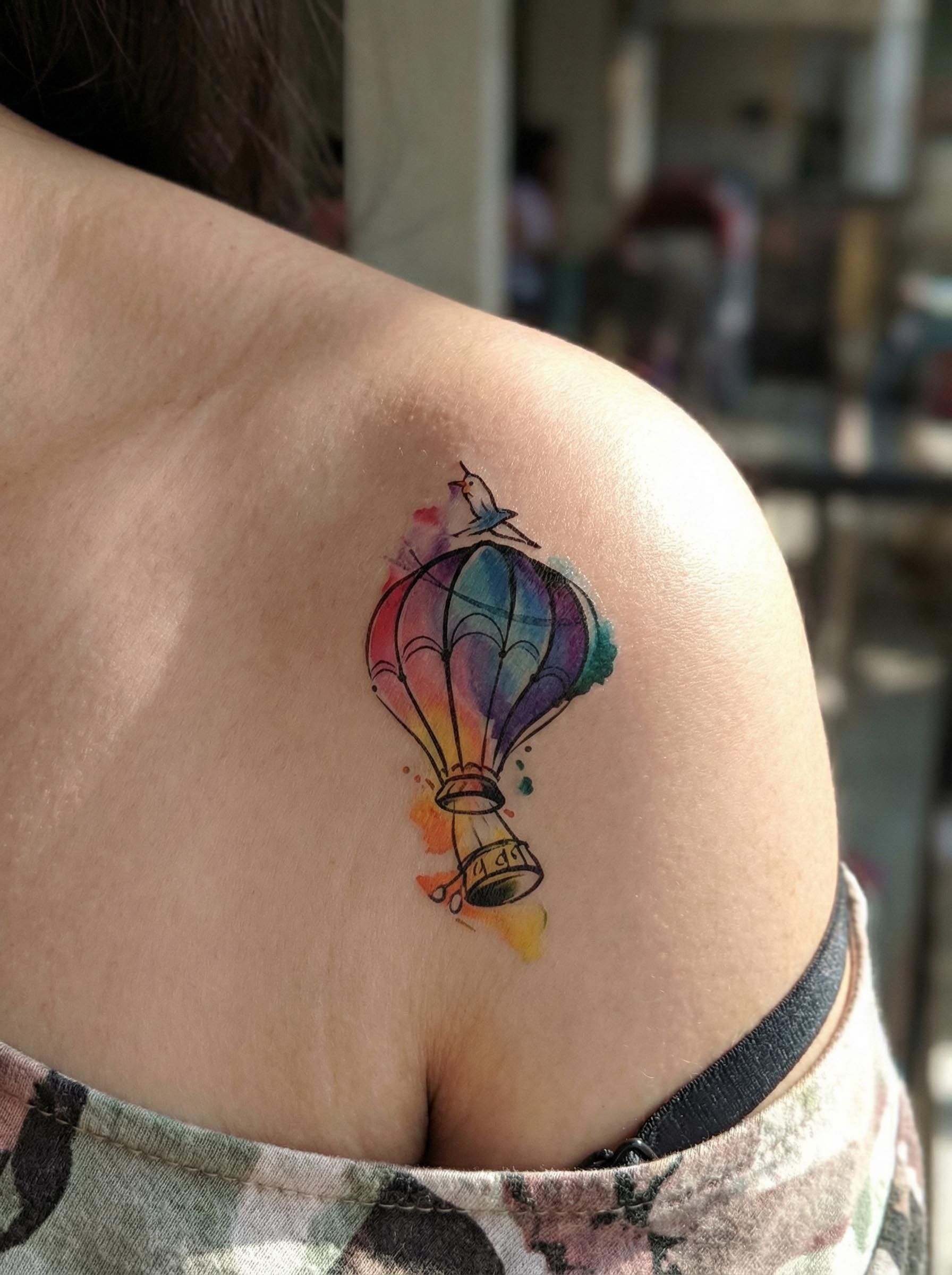 Watercolor Hot Air Balloon Shoulder Tattoo Real Shot