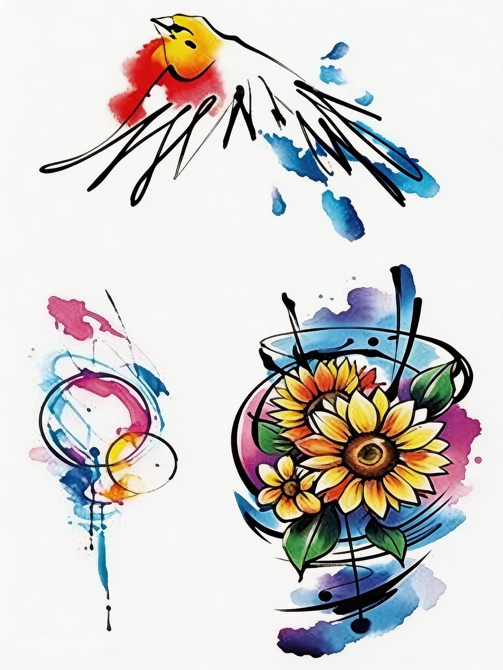 Watercolor temporary tattoo sheet with sunflower bouquet, flying bird, and abstract circle splash designs