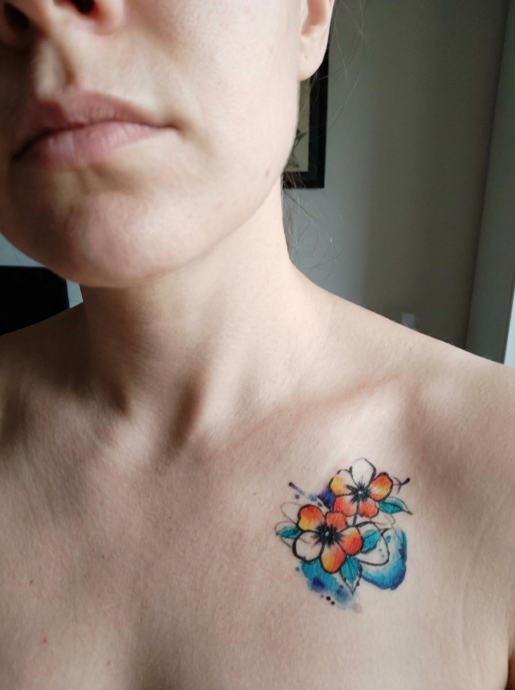  Watercolor Flower Collarbone Tattoo Real Shot