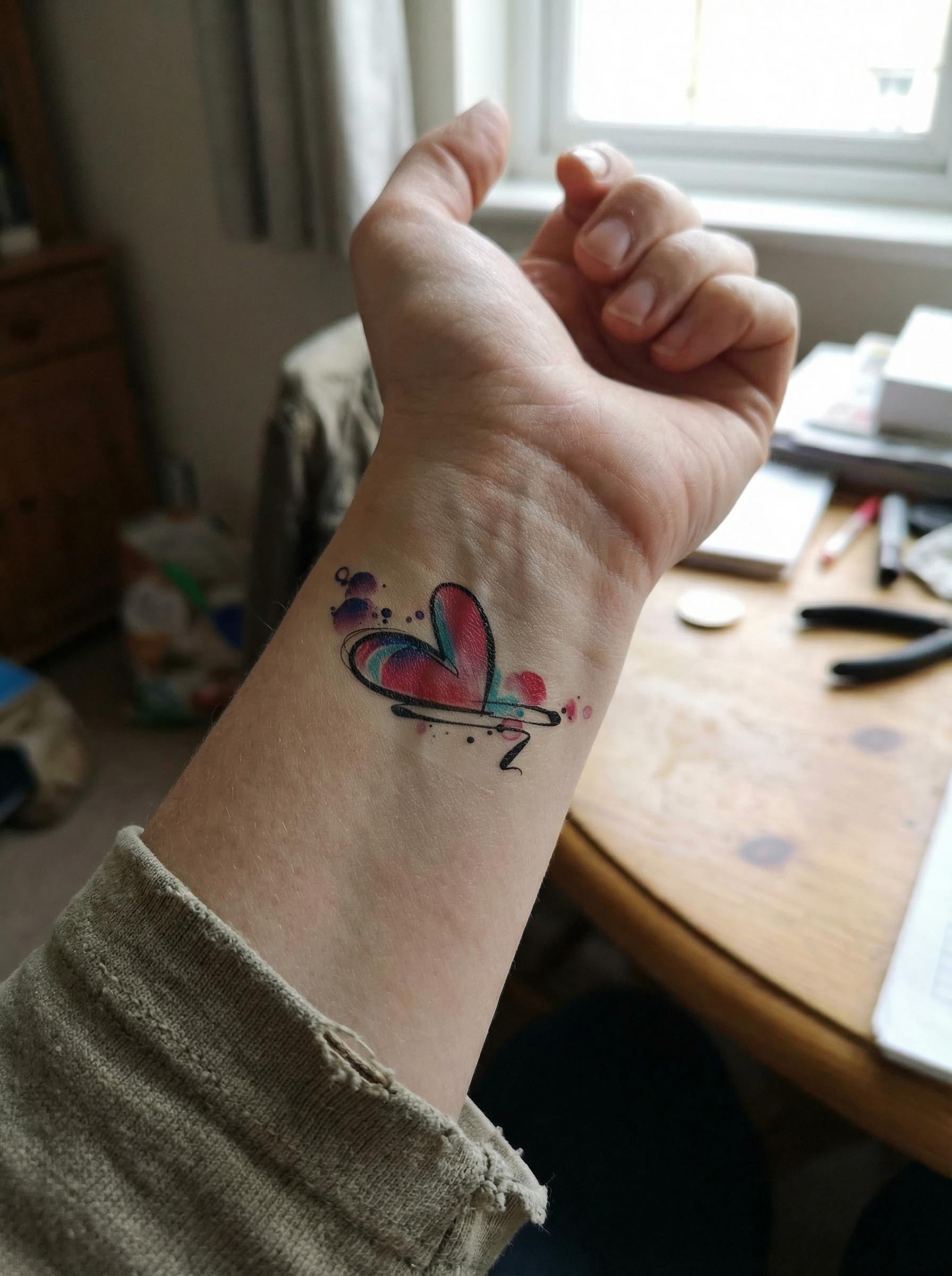  Watercolor Gradient Heart Wrist Tattoo Real Shot