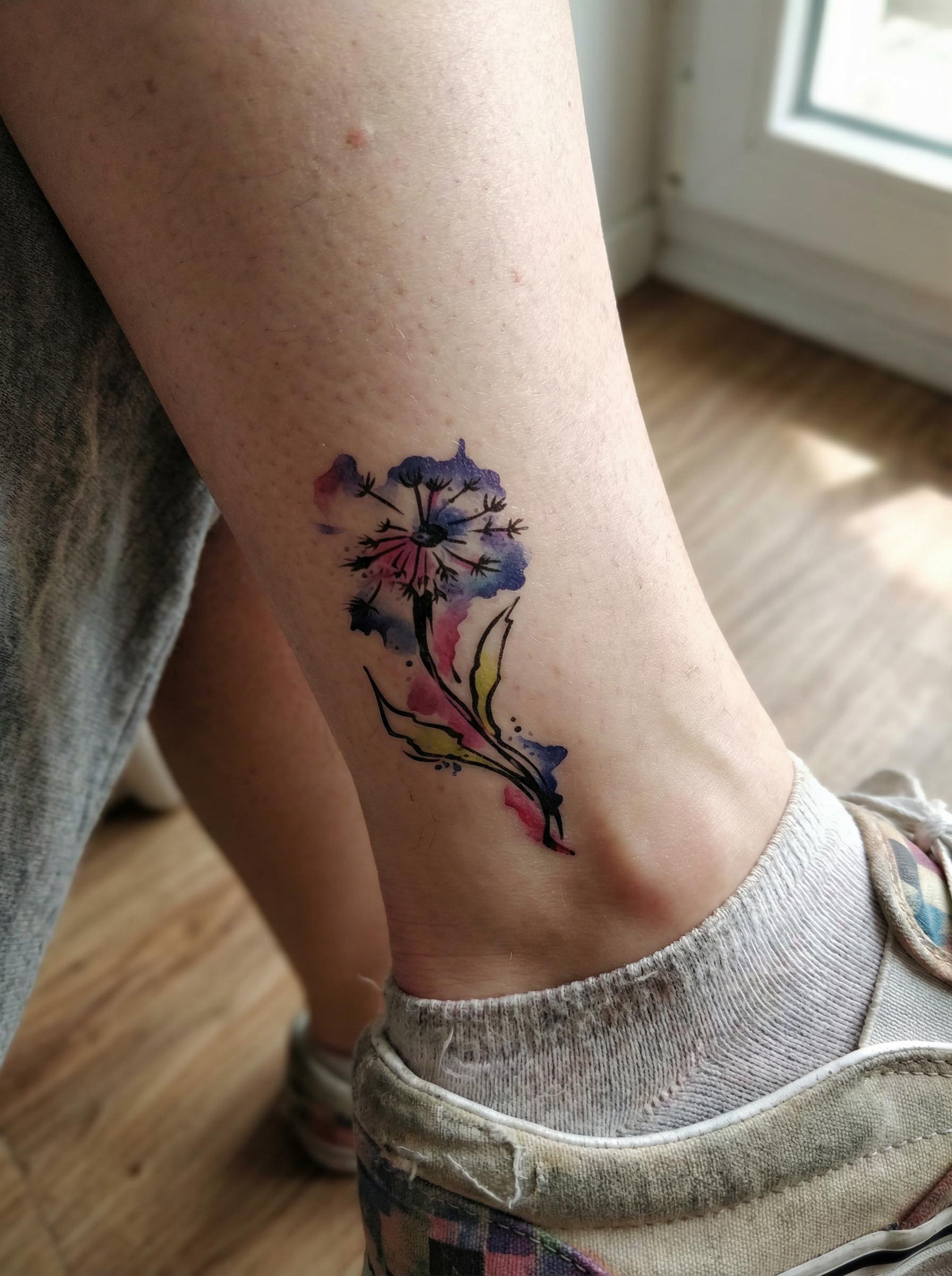  Watercolor Dandelion Ankle Temp Tattoo Real Shot