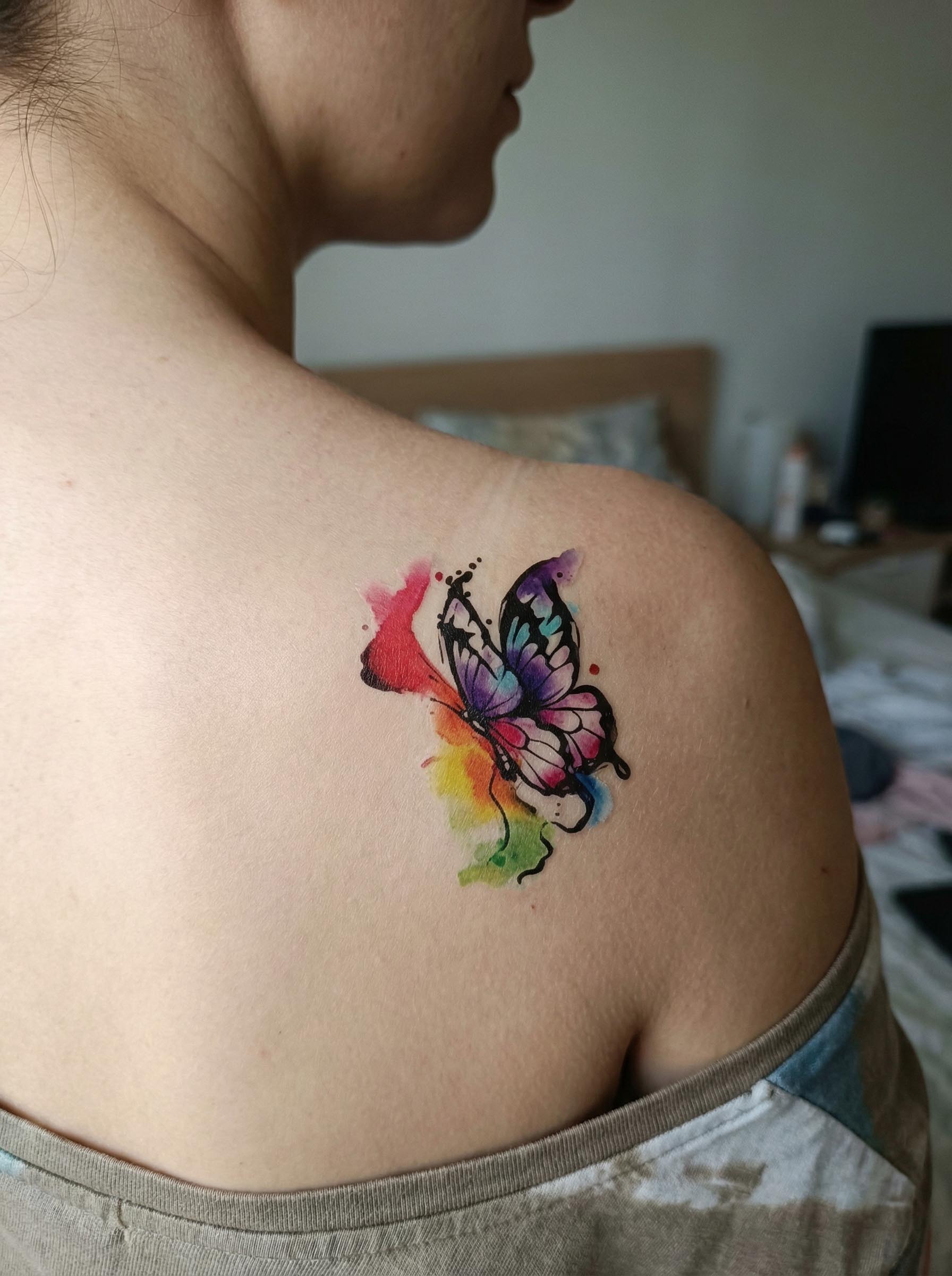 Watercolor Rainbow Butterfly Shoulder Tattoo Real Shot