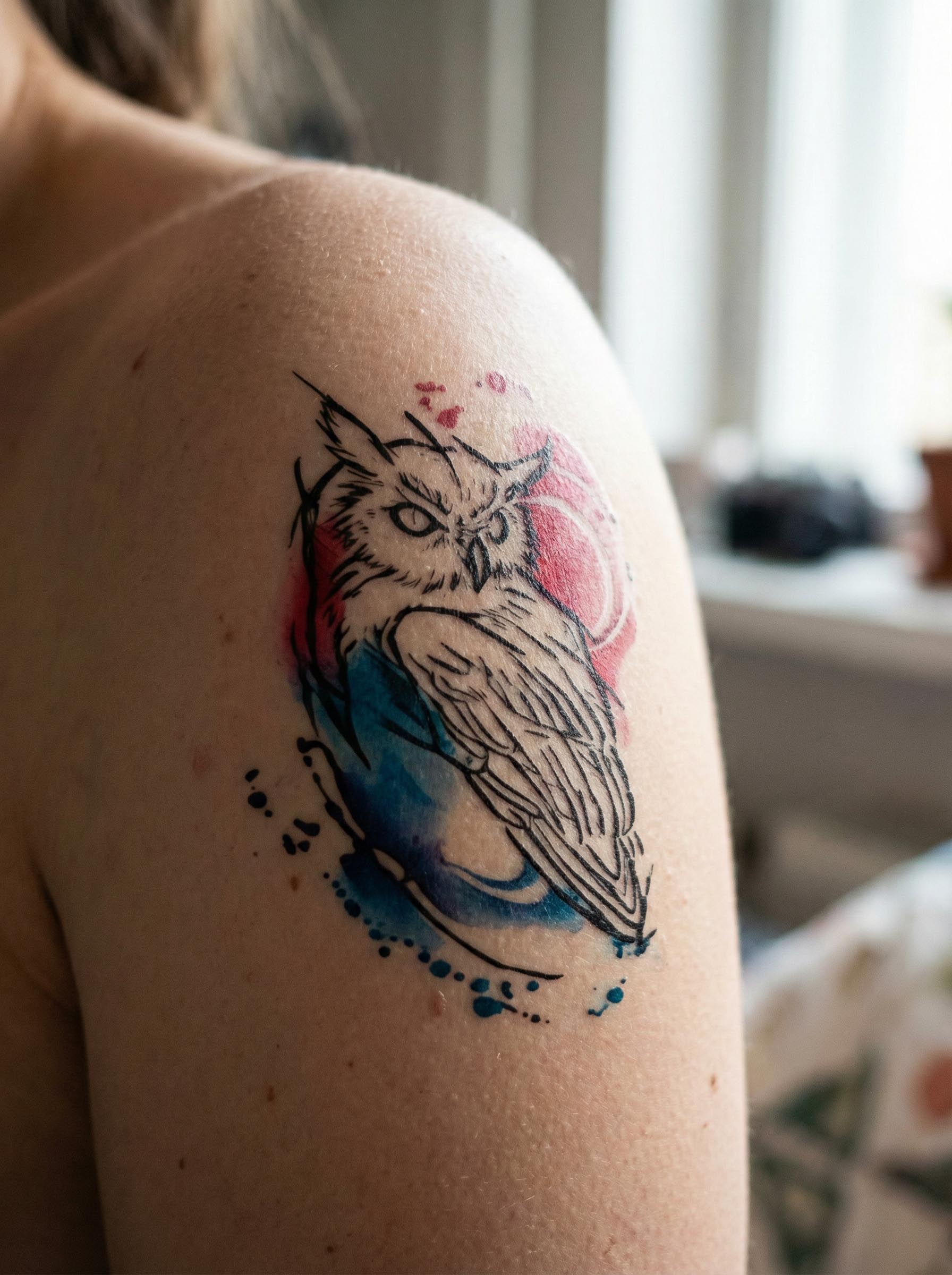 Watercolor Owl Shoulder Tattoo Real Shot