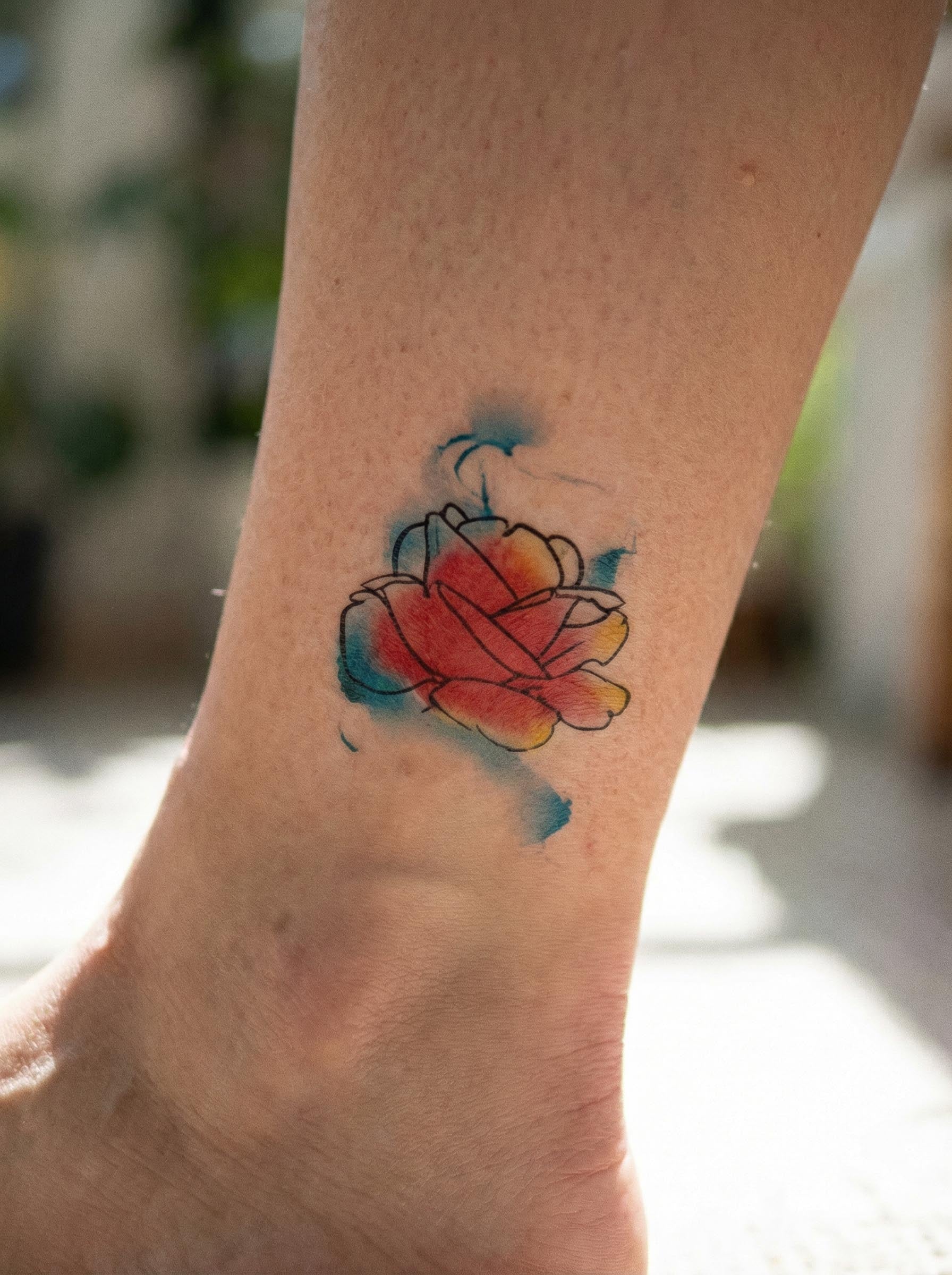 Watercolor Rose Ankle Tattoo Real Shot