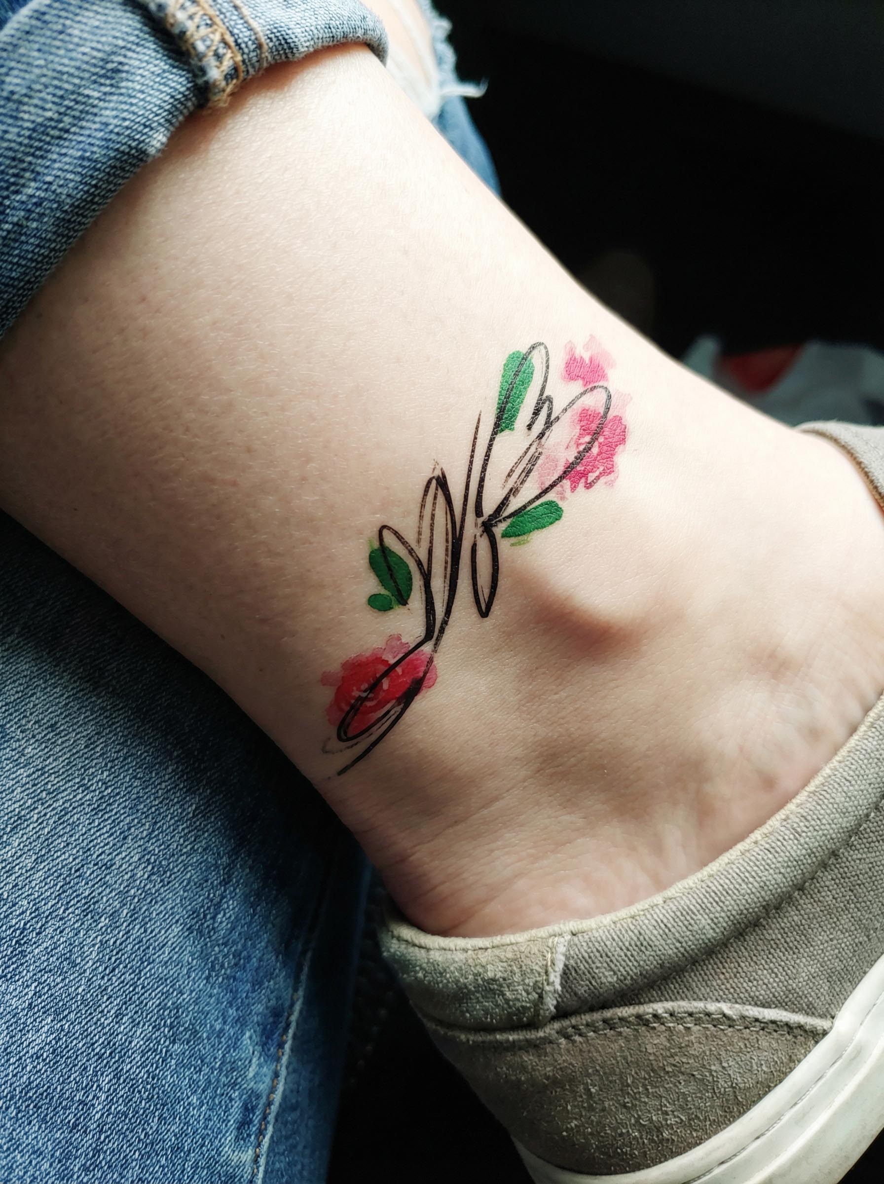 Watercolor Rose Line Ankle Fake Tattoo Real Shot