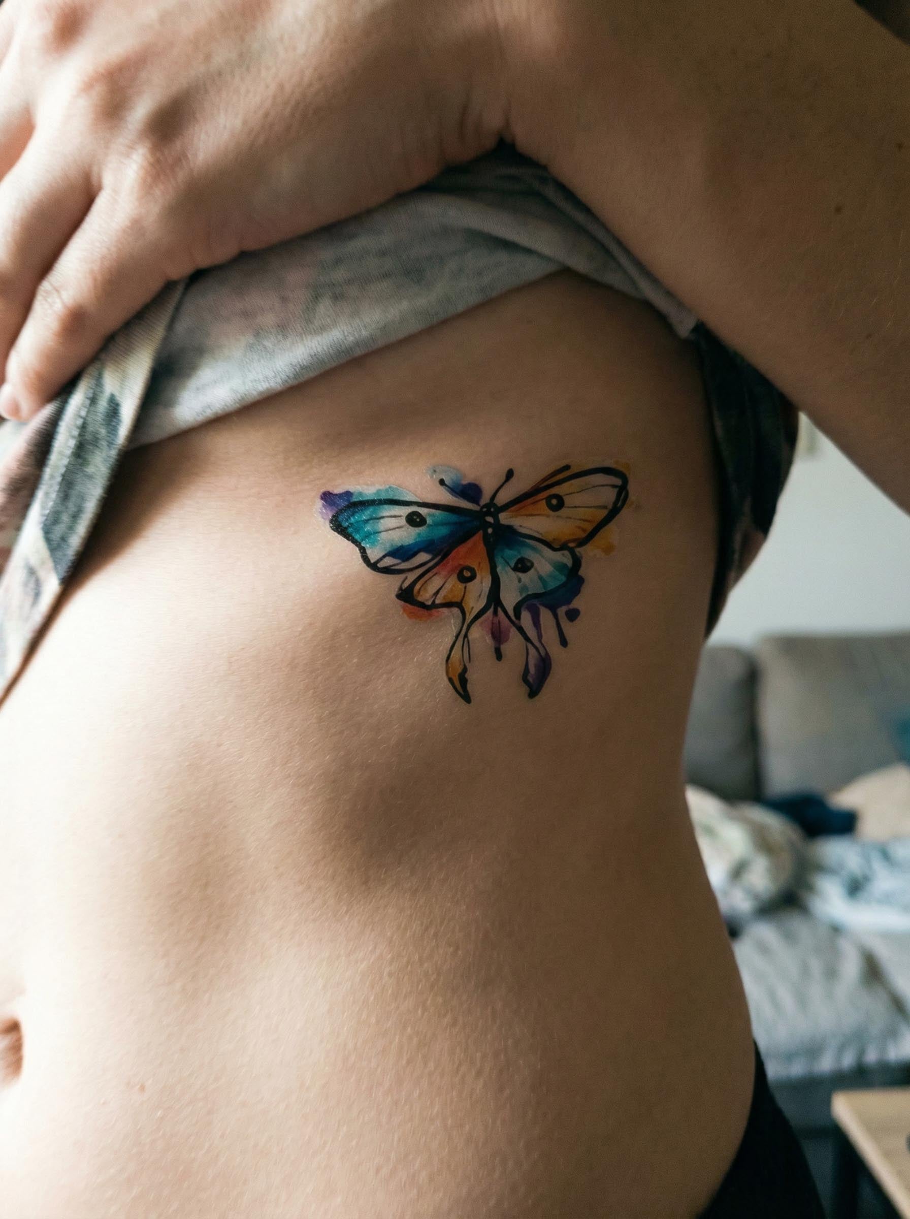  Watercolor Butterfly Rib Tattoo Real Shot