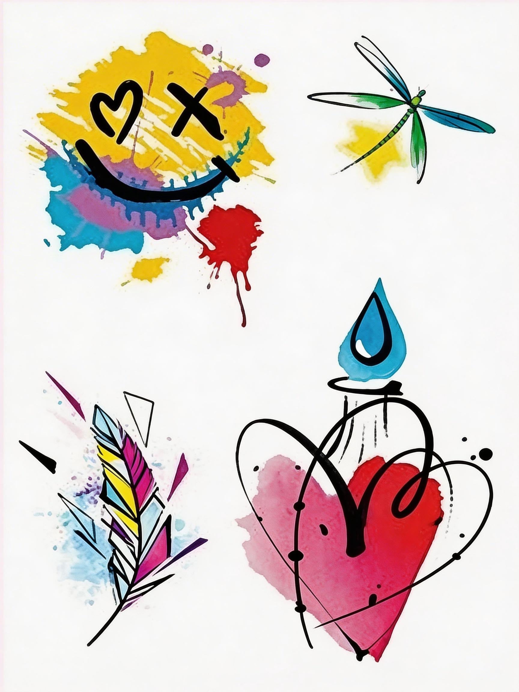 Graffiti temporary tattoo sheet with wink smiley, dragonfly, colorful feather, and teardrop heart designs