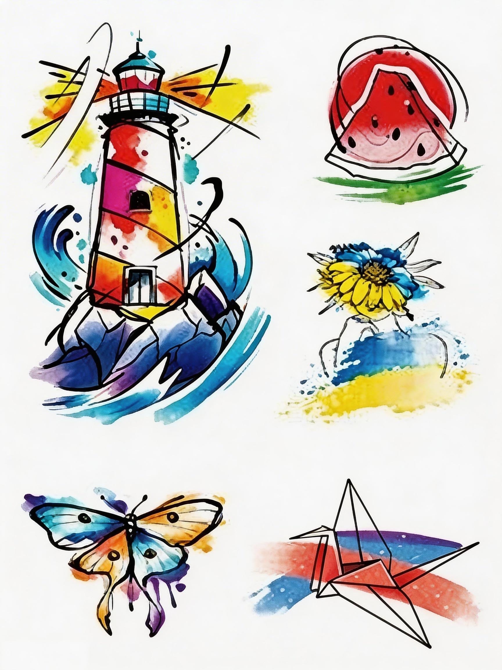 Watercolor temporary tattoo sheet with lighthouse, watermelon, daisy, butterfly, and origami crane designs
