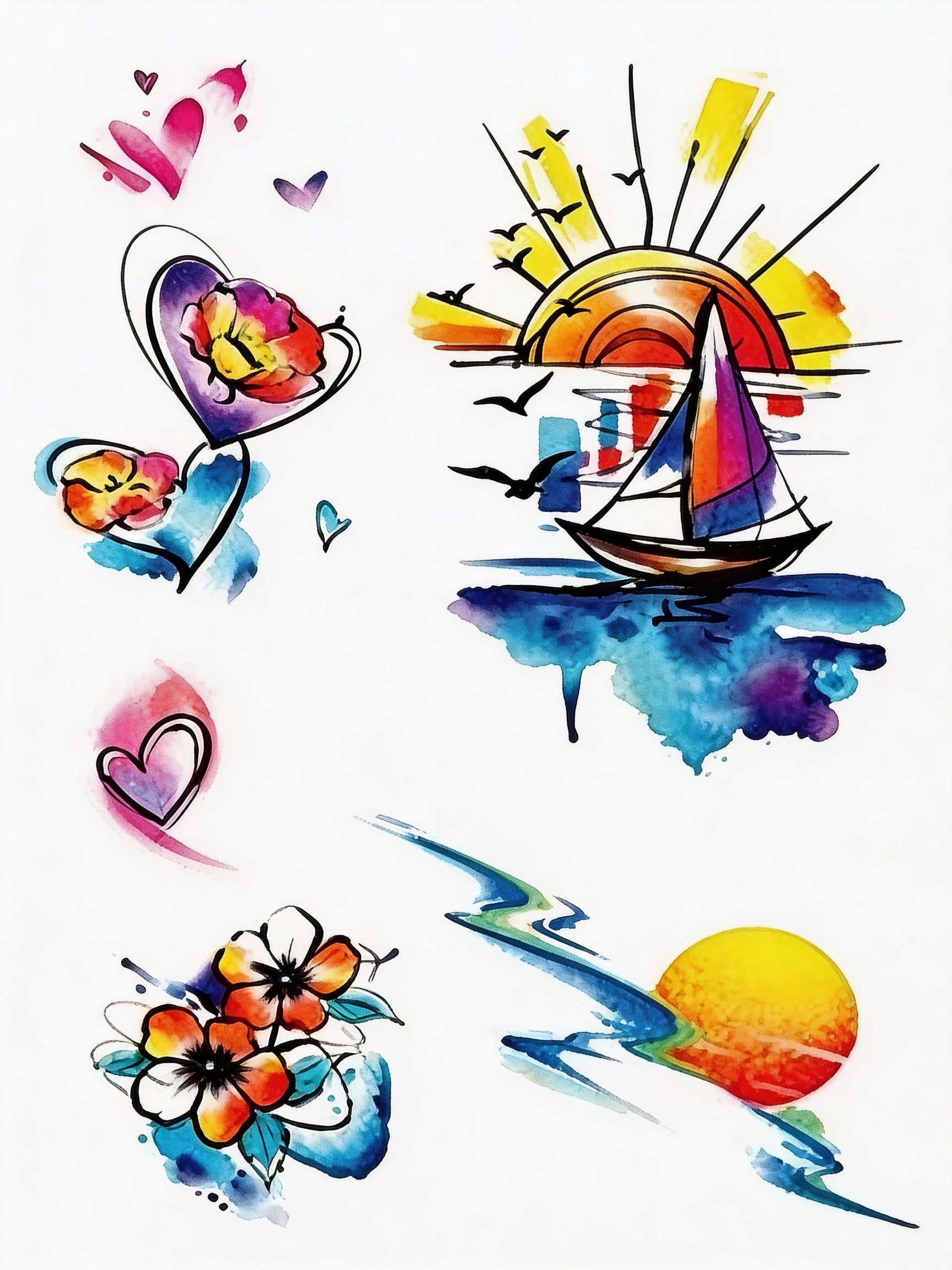 Watercolor temporary tattoo sheet with sunset sailboat, floral hearts, flowers, and abstract sun designs